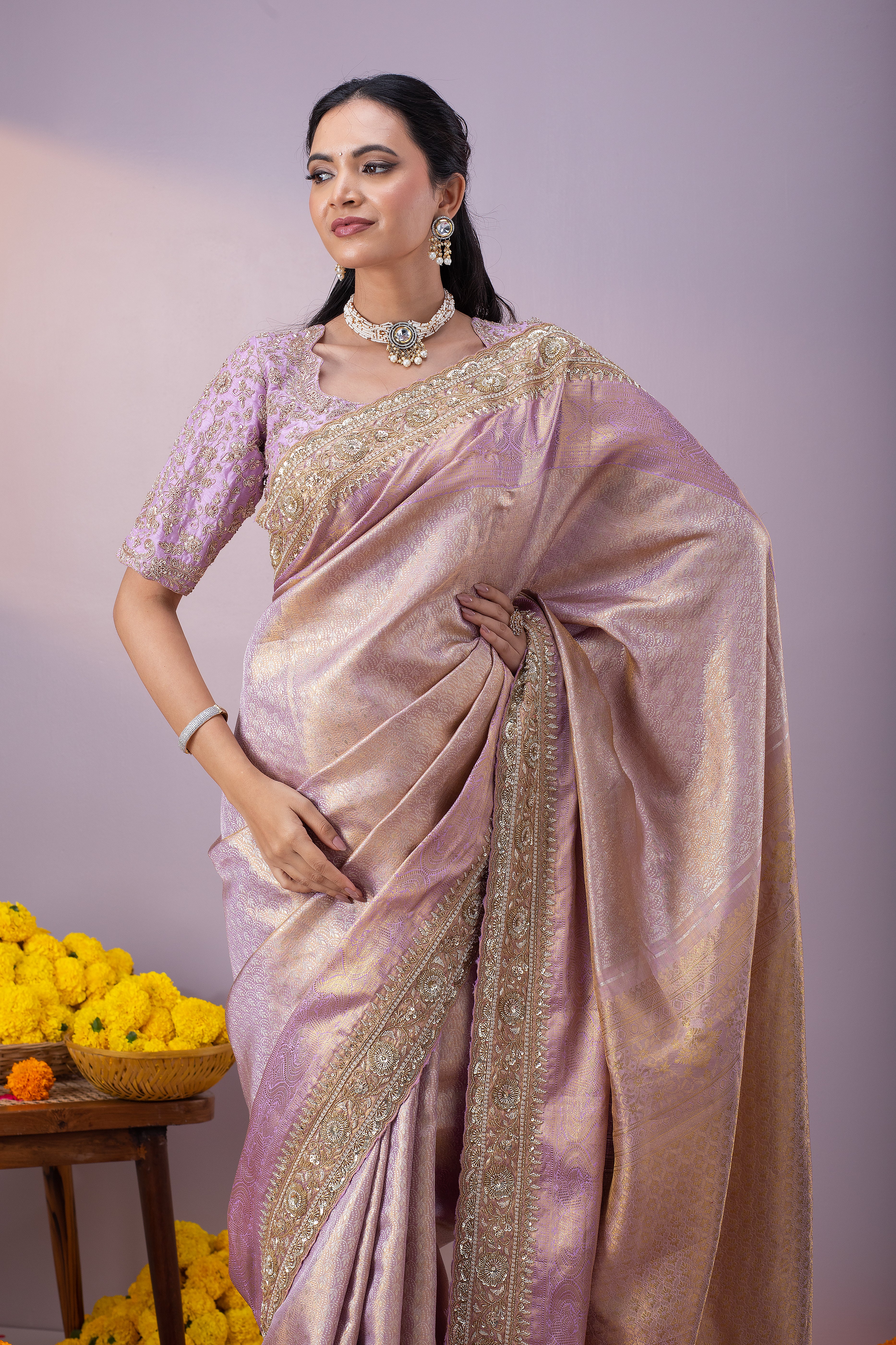 Light Purple Kanchipuram Tissue Silk Saree - Mokshaa