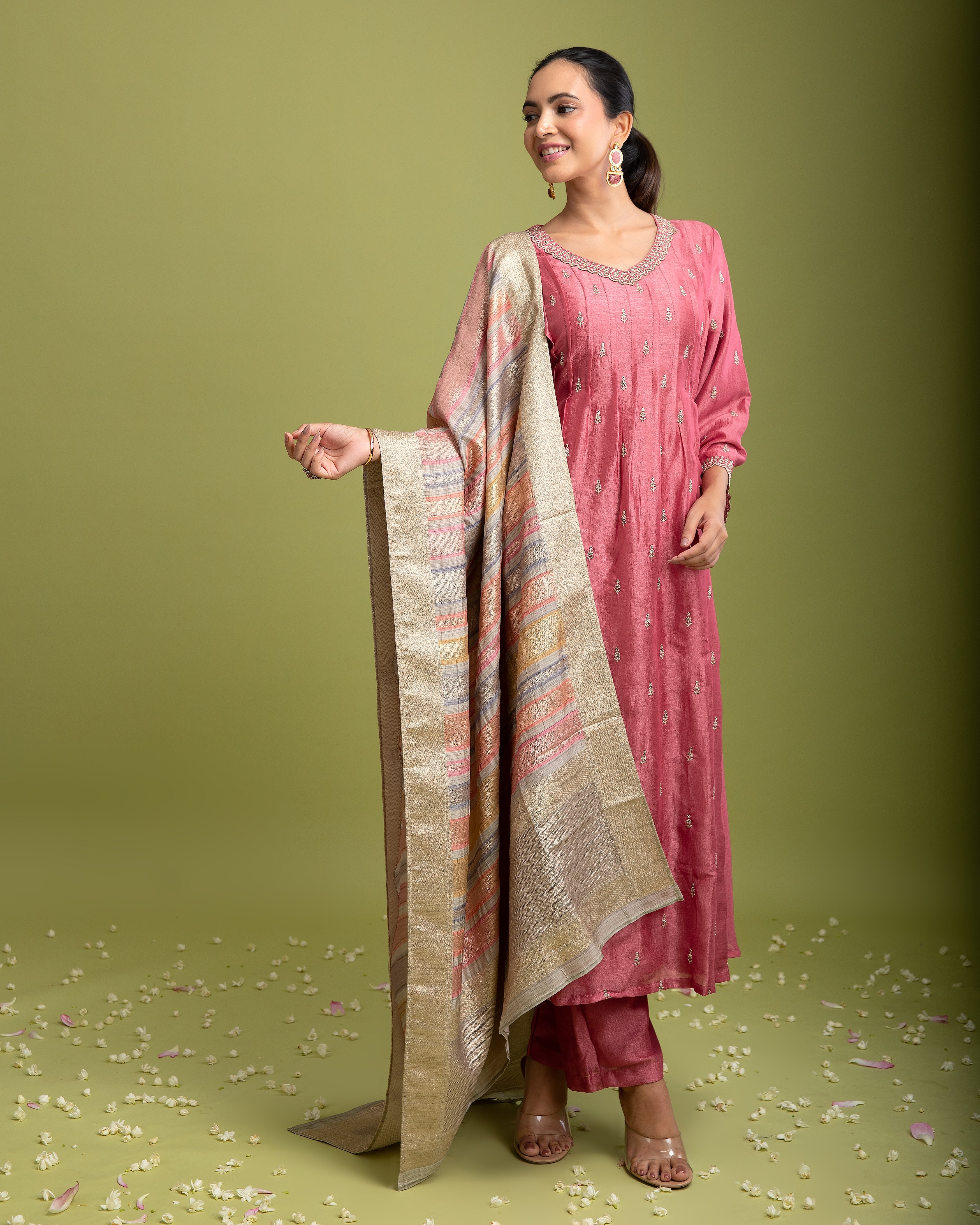 Peach Pink Silk Anarkali set - Mokshaa