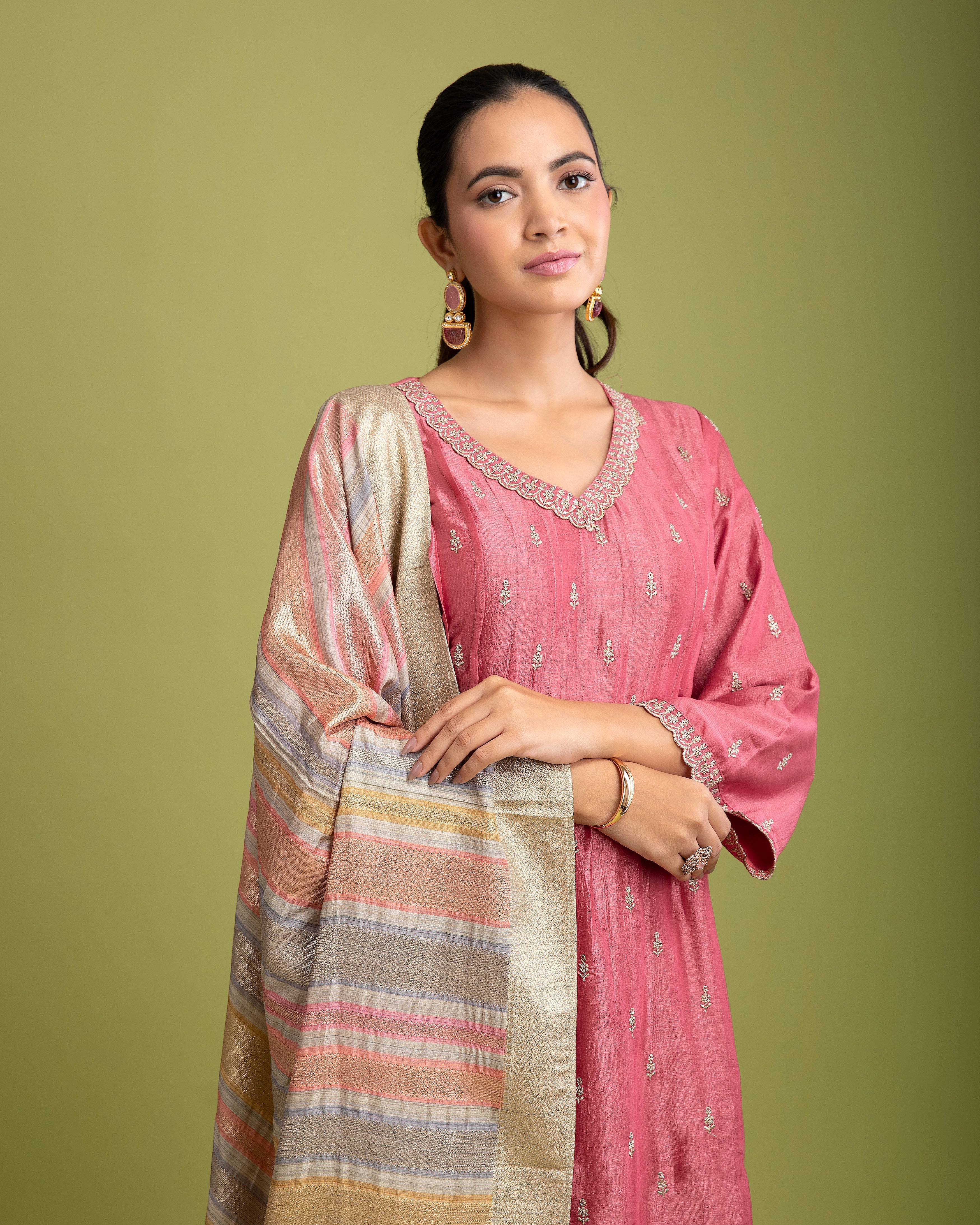 Peach Pink Silk Anarkali set - Mokshaa