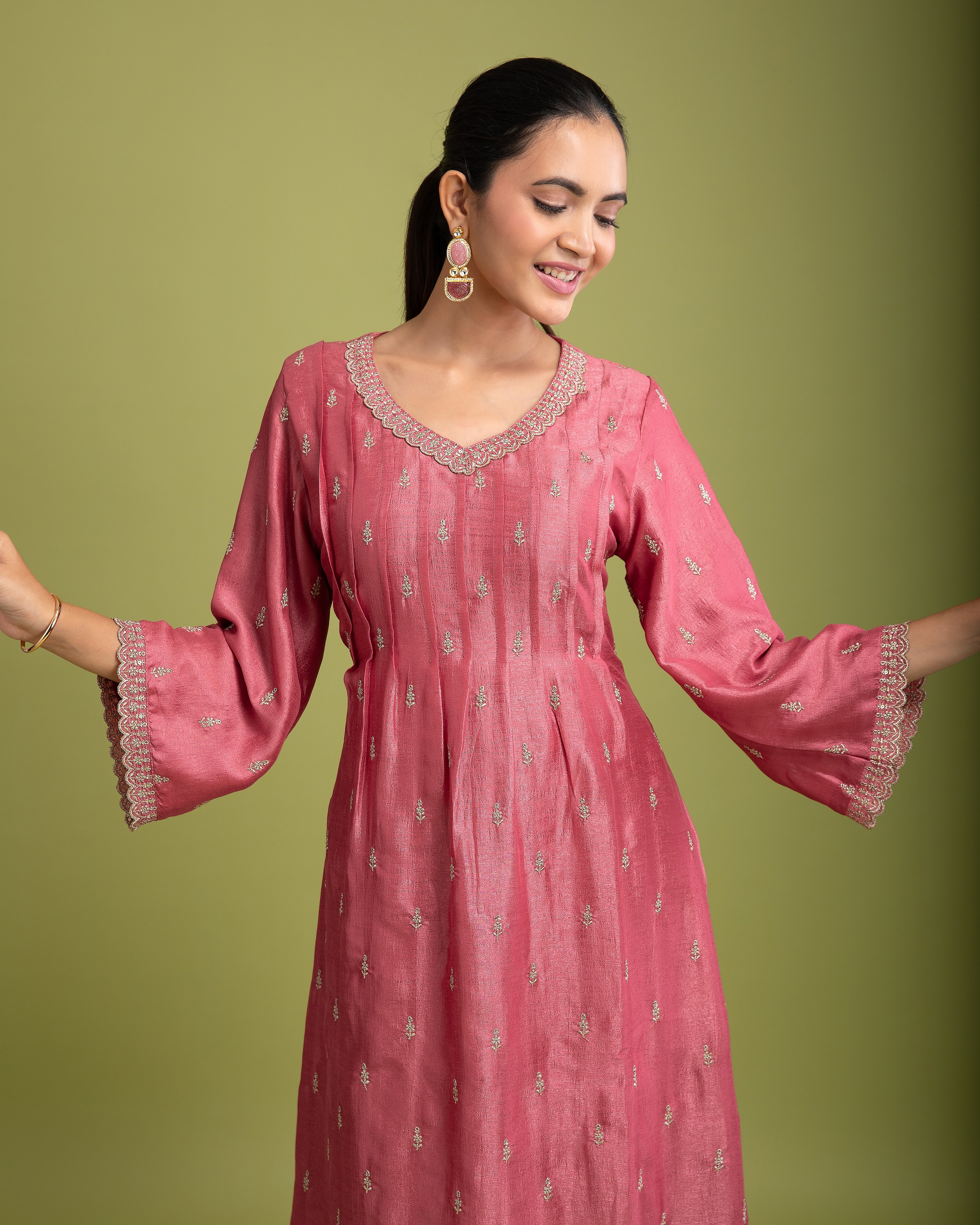 Peach Pink Silk Anarkali set - Mokshaa