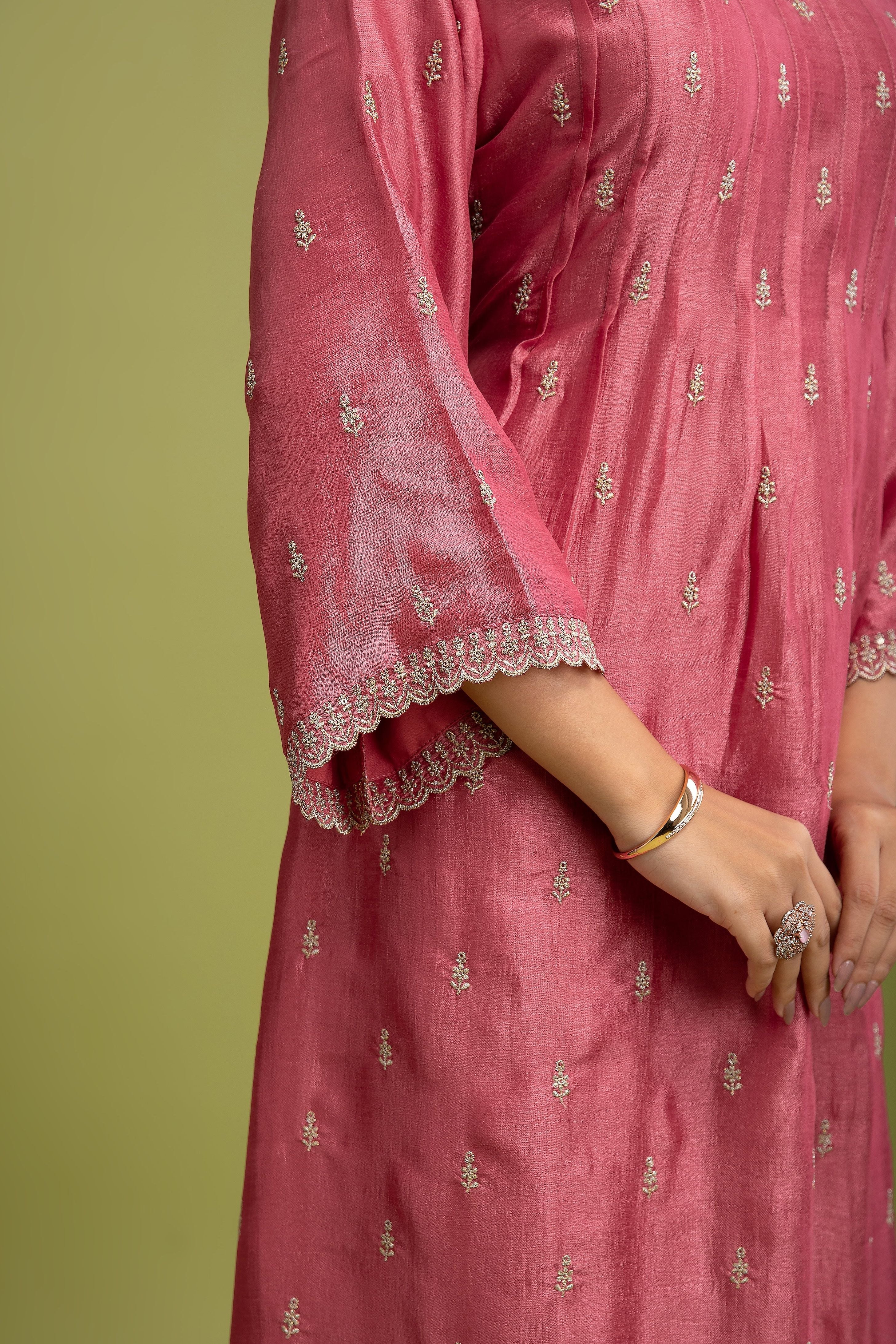 Peach Pink Silk Anarkali set - Mokshaa