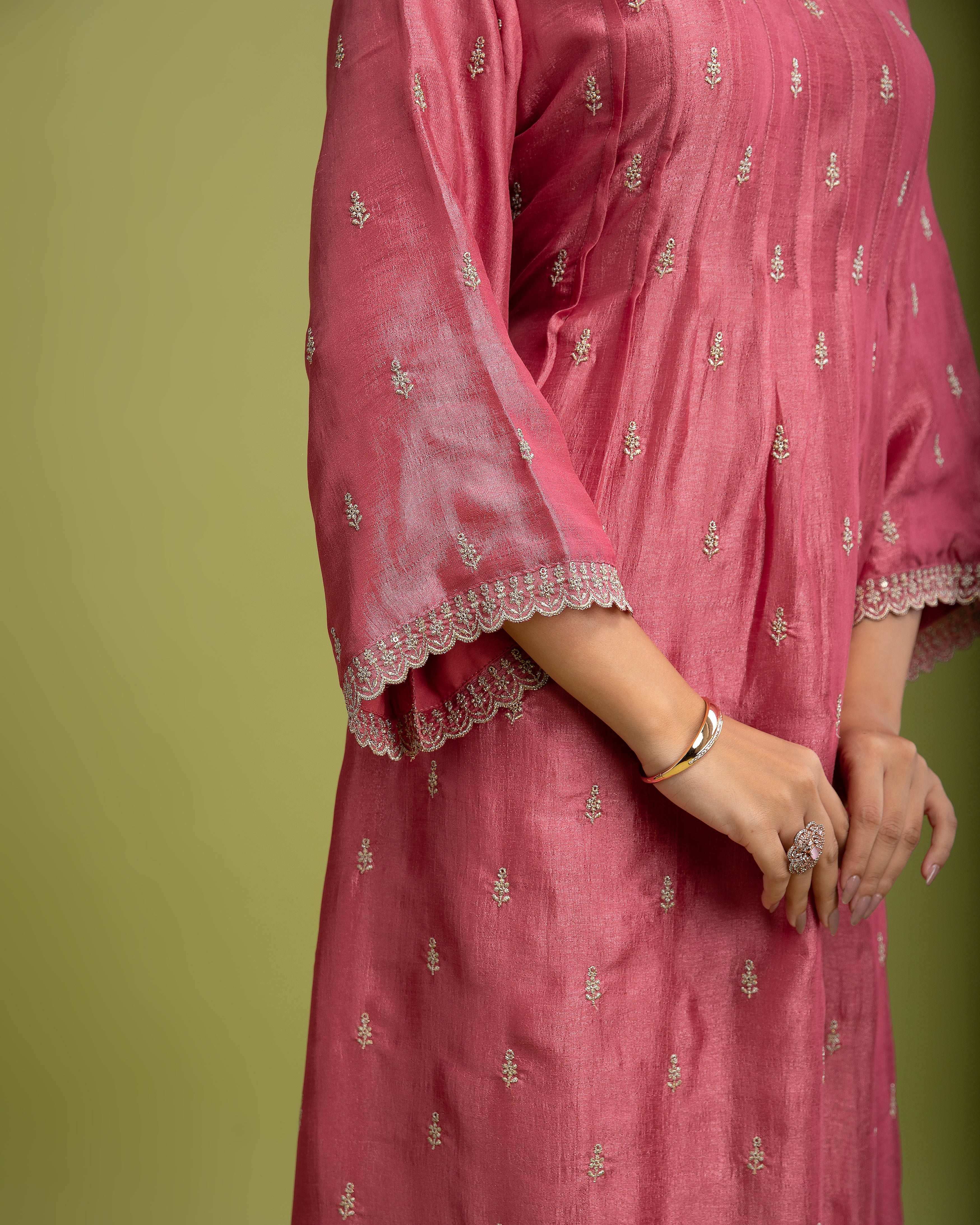 Peach Pink Silk Anarkali set - Mokshaa