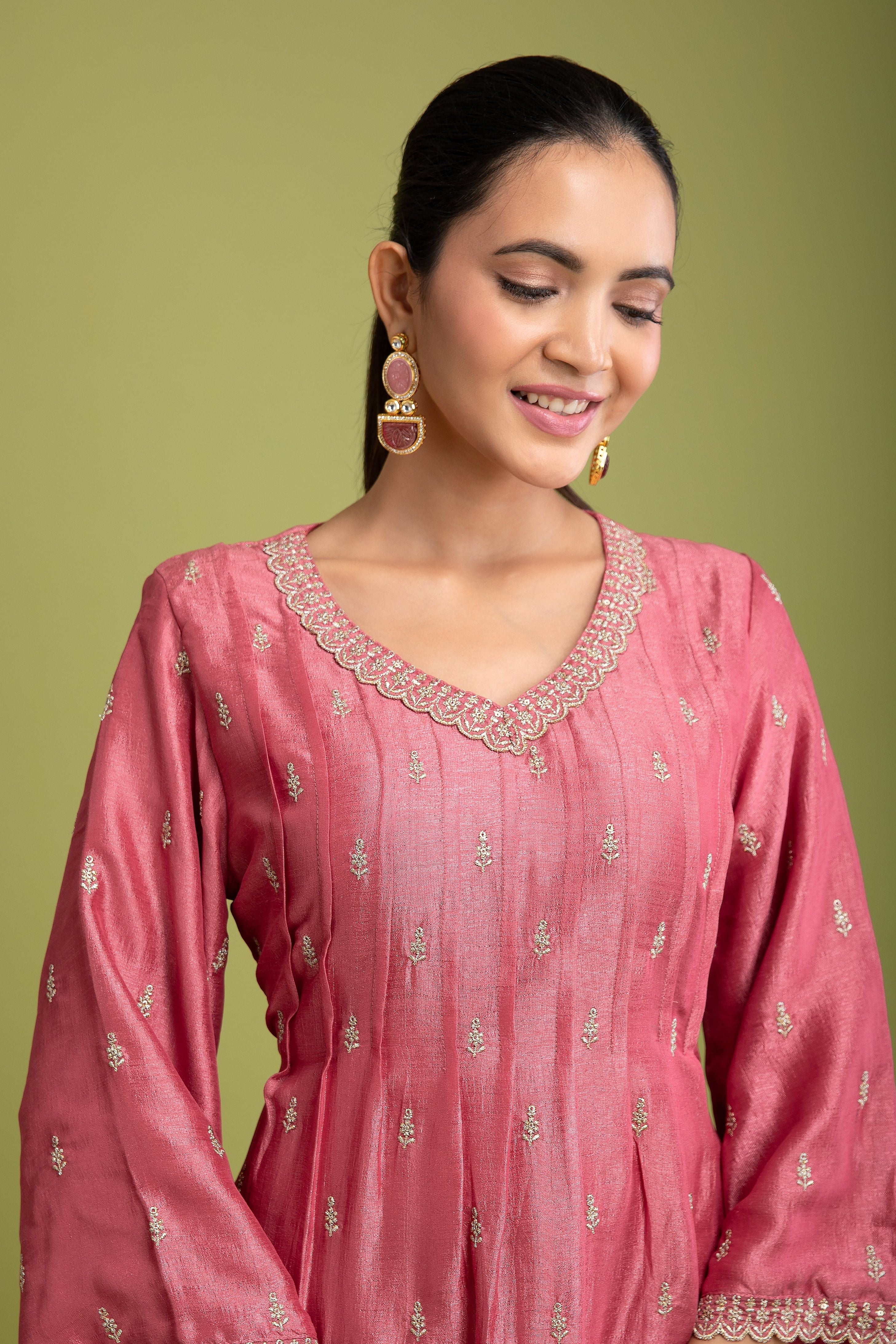 Peach Pink Silk Anarkali set - Mokshaa