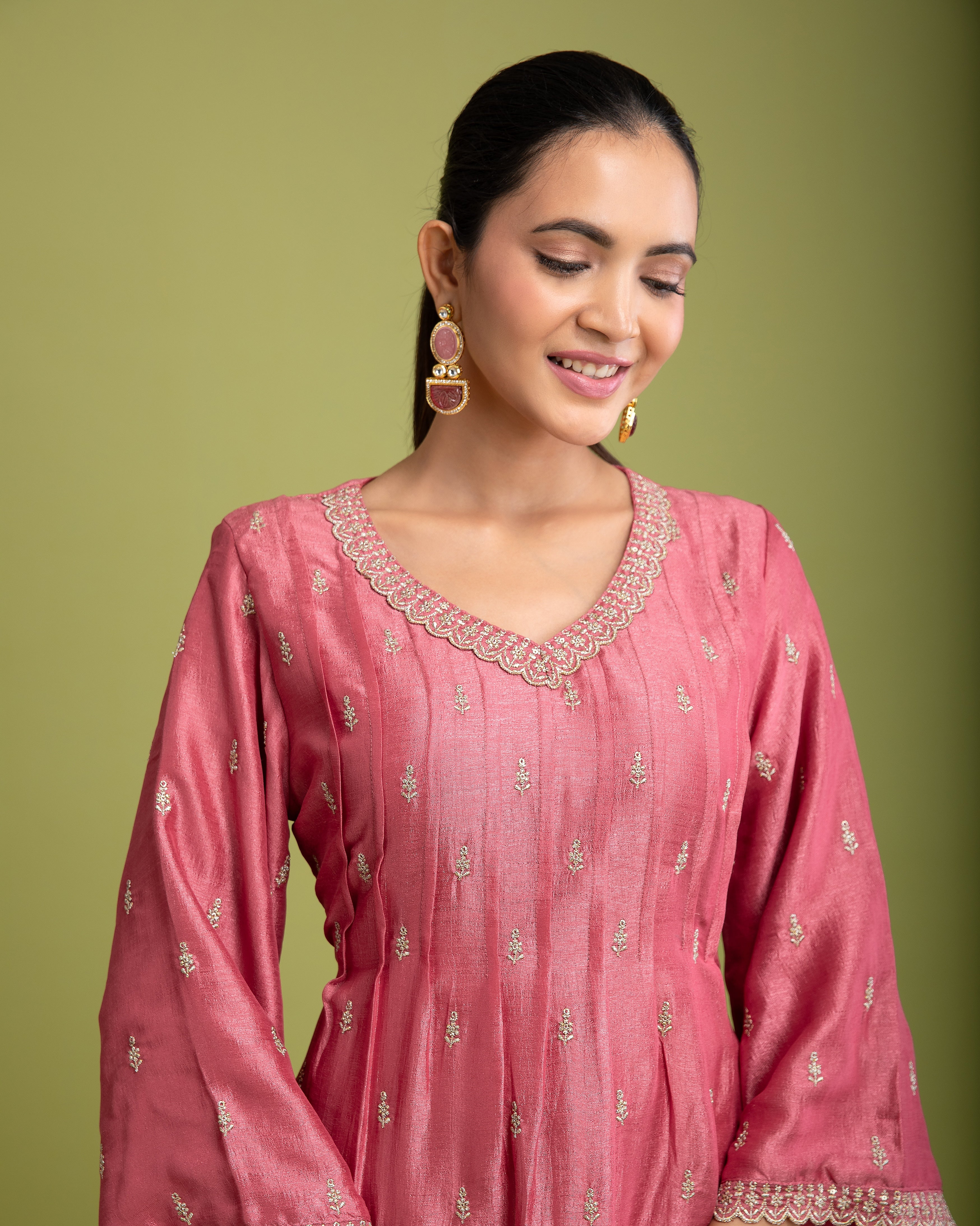 Peach Pink Silk Anarkali set - Mokshaa