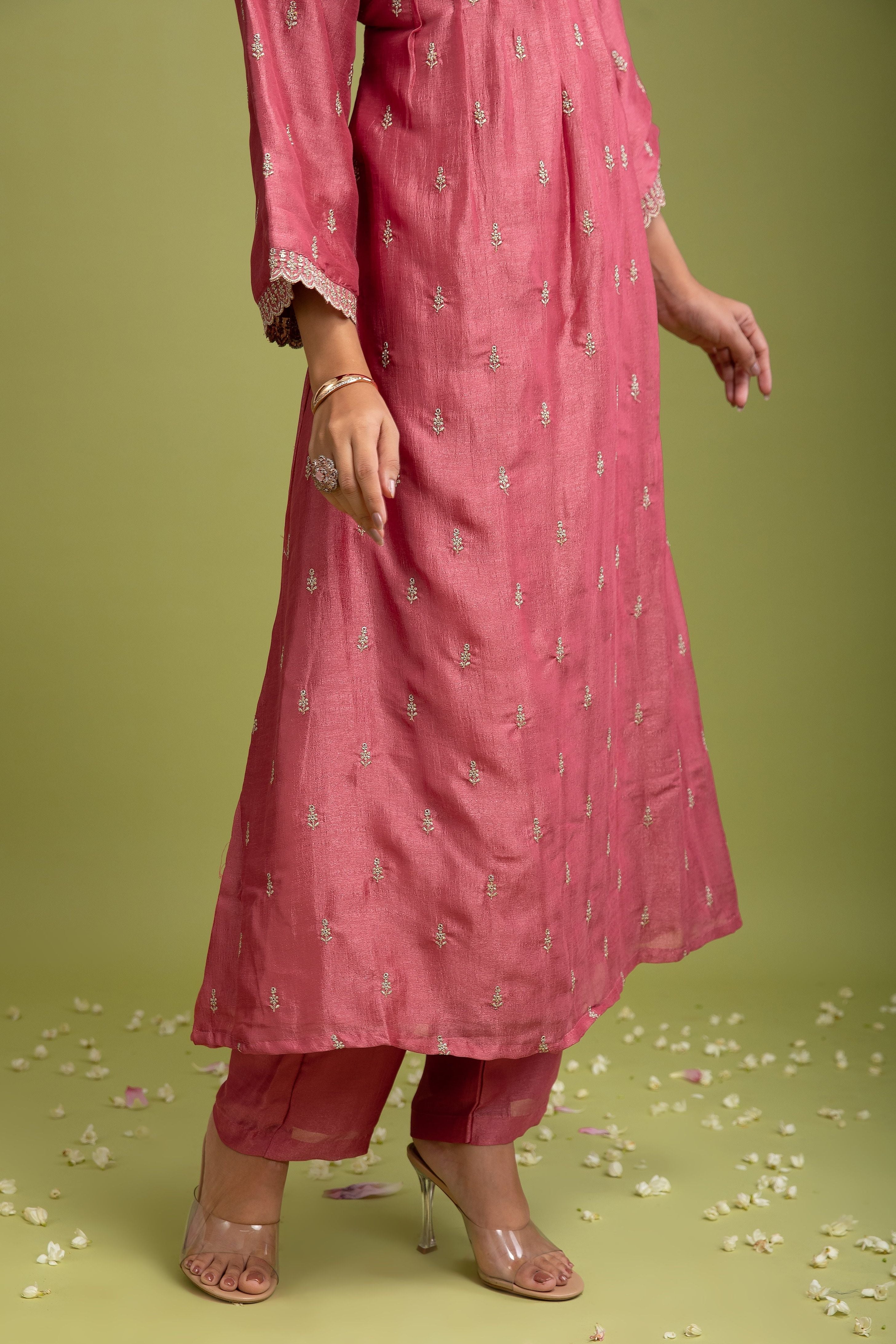 Peach Pink Silk Anarkali set - Mokshaa