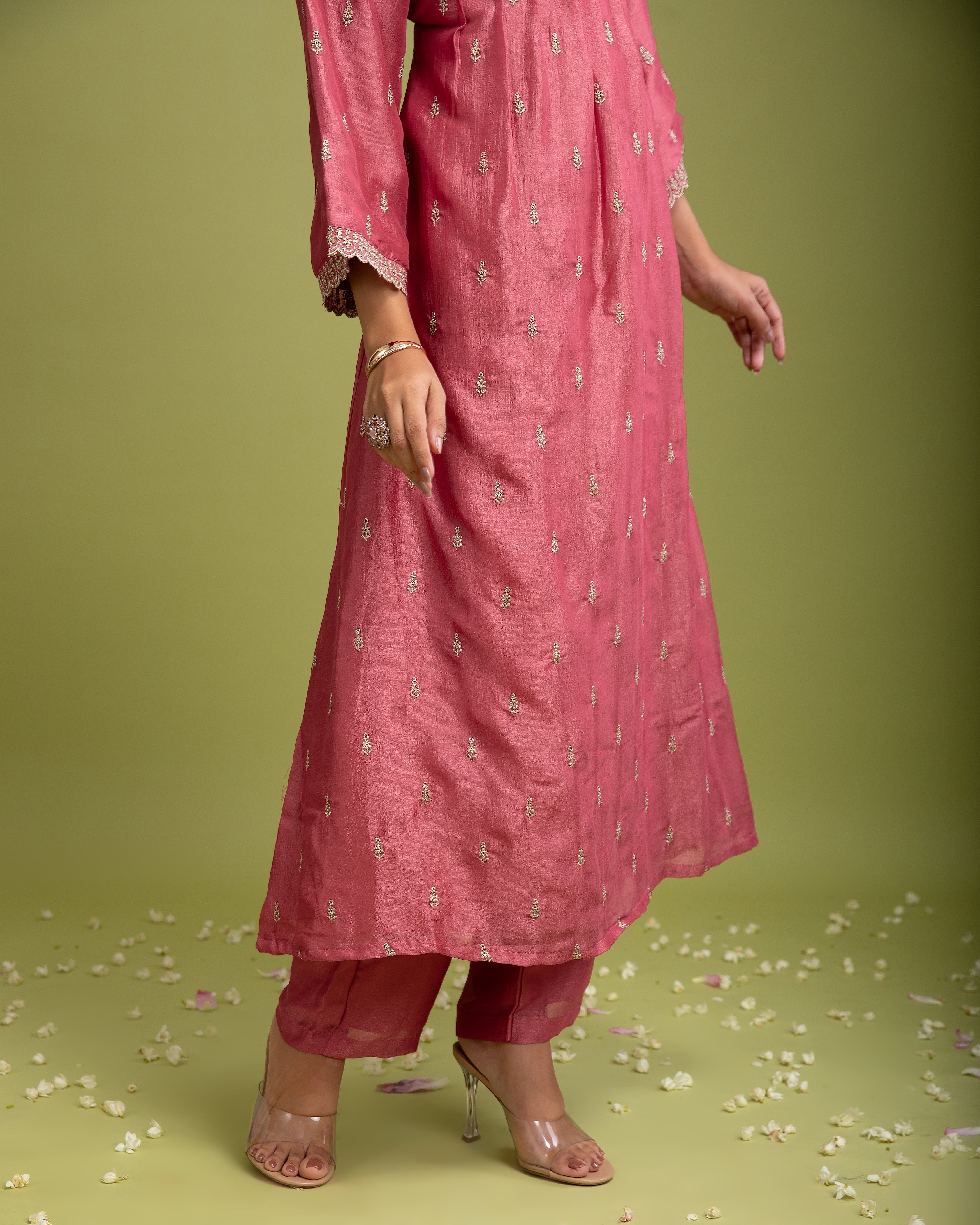 Peach Pink Silk Anarkali set - Mokshaa