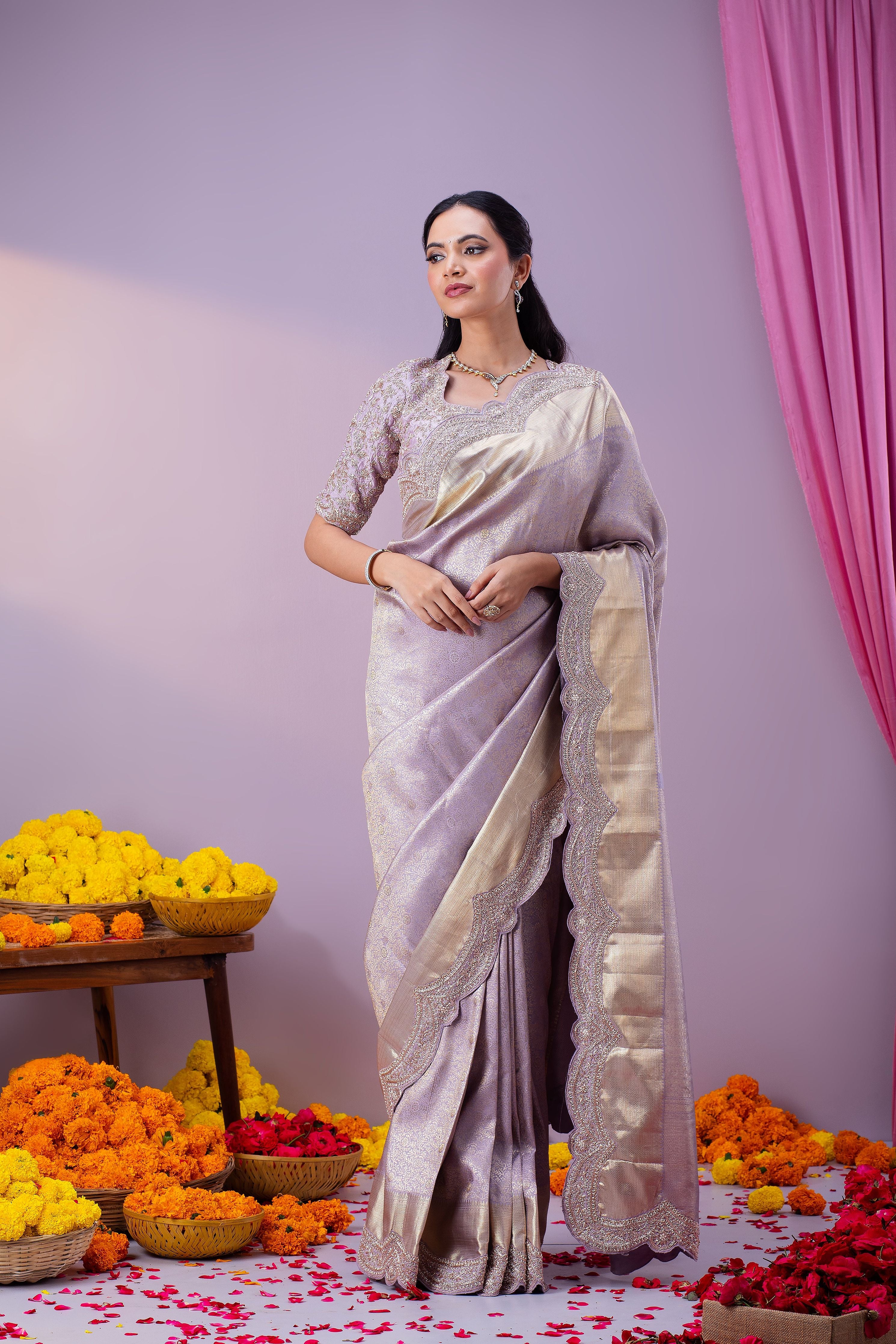 Lilac Kanchipuram Silk Saree With Zardosi Work And Scallop Border - Mokshaa