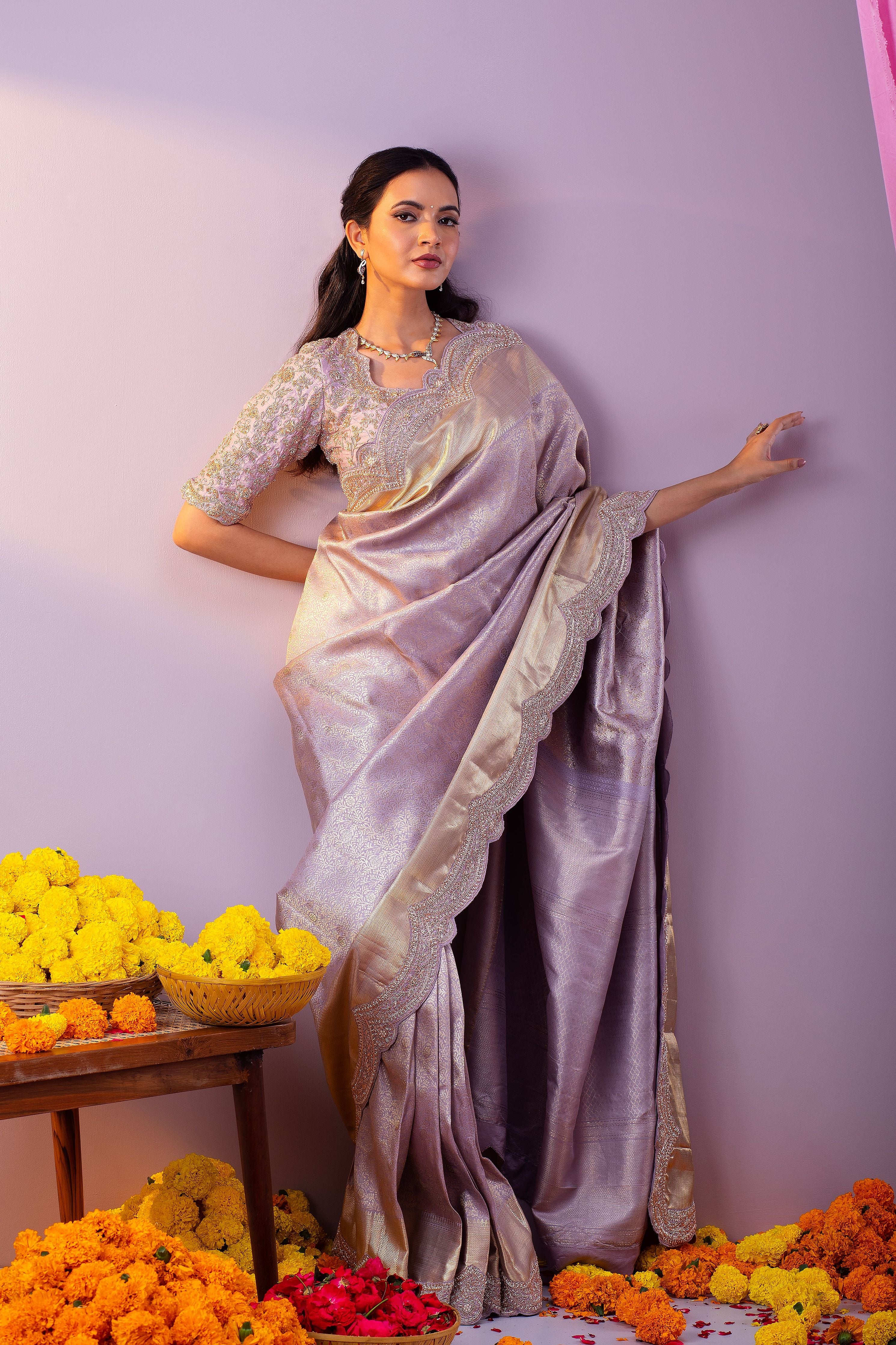 Lilac Kanchipuram Silk Saree With Zardosi Work And Scallop Border - Mokshaa