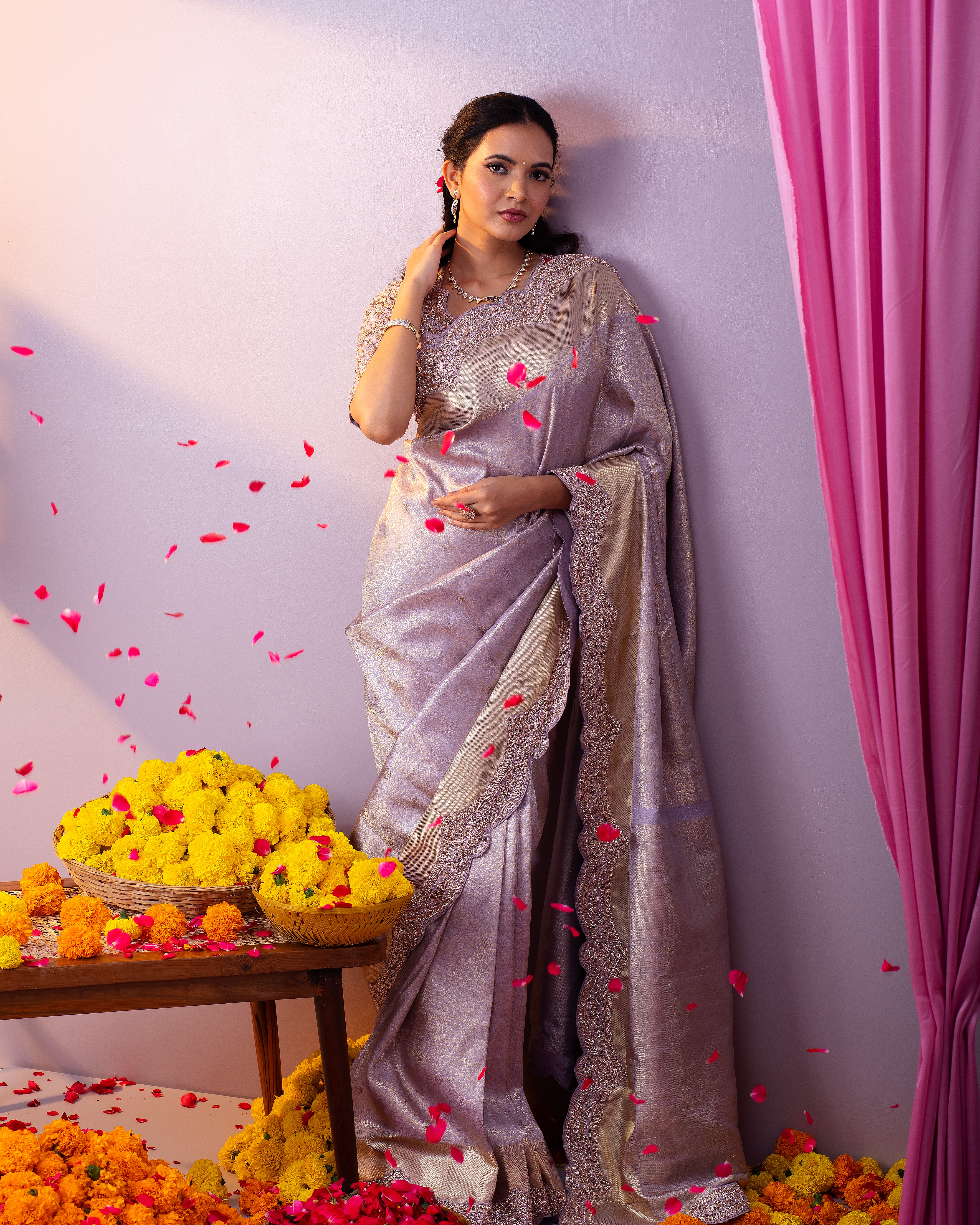 Lilac Kanchipuram Silk Saree with Zardosi Work and Scallop Border - Mokshaa