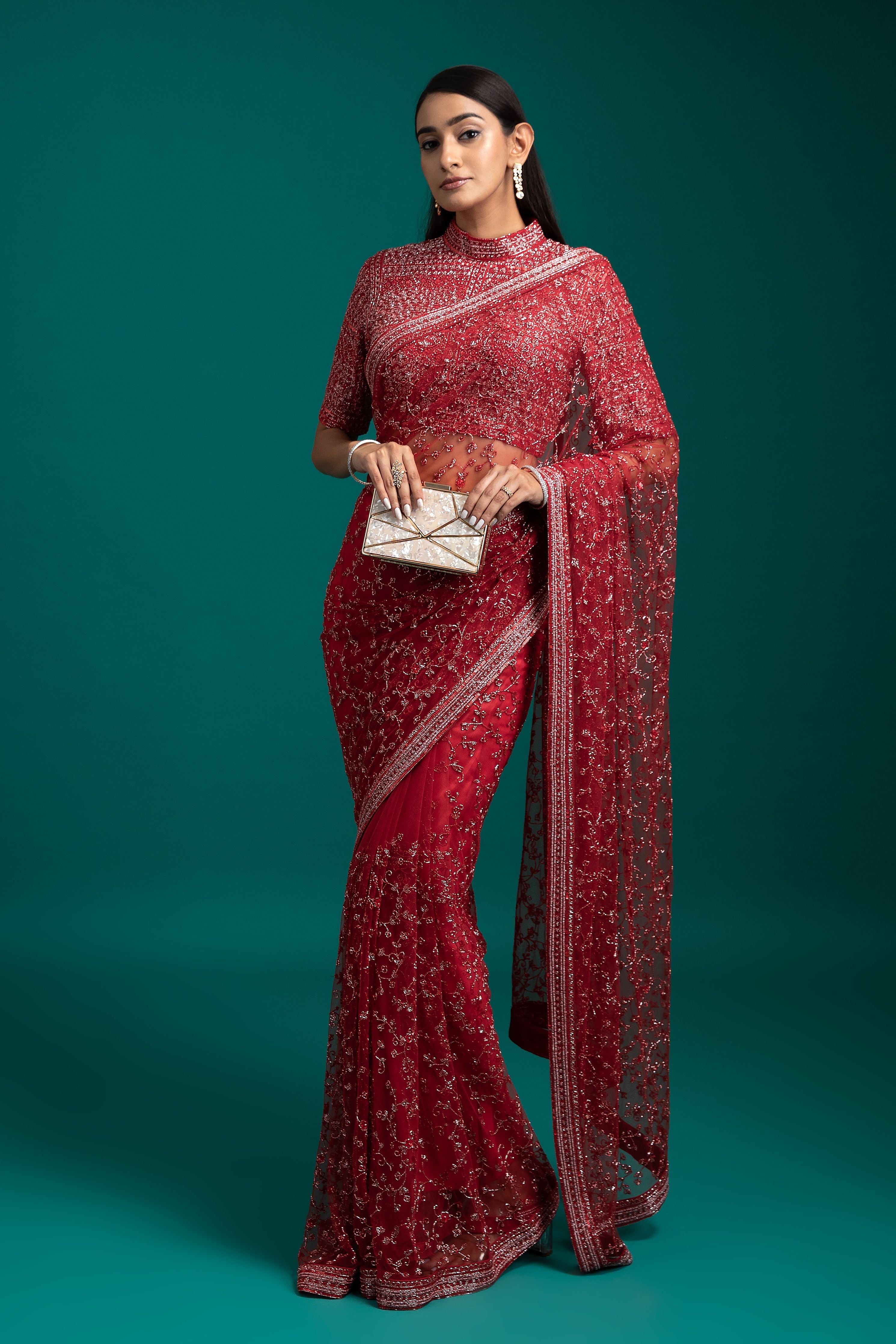 Red Net Saree - Mokshaa