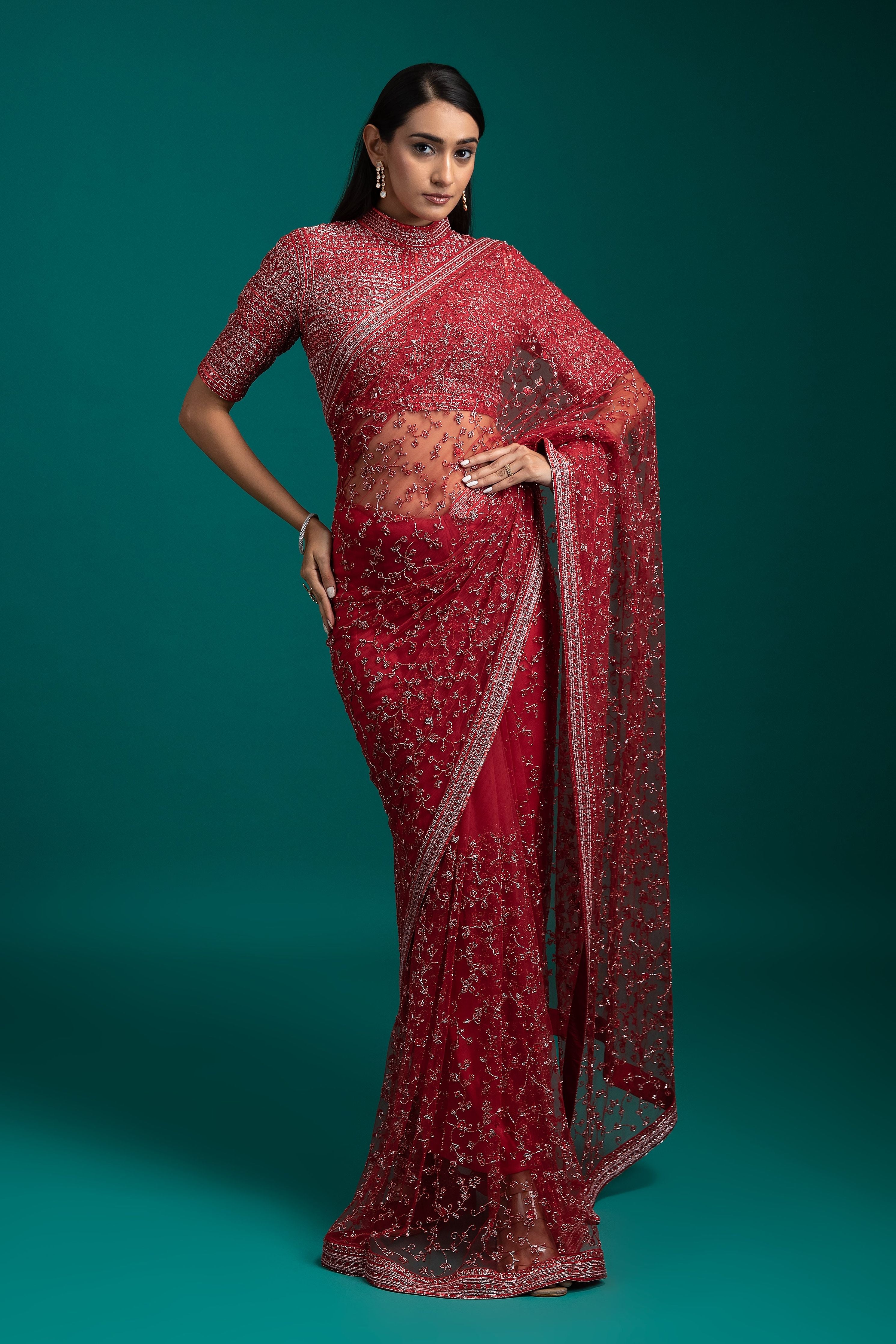 Red Net Saree - Mokshaa