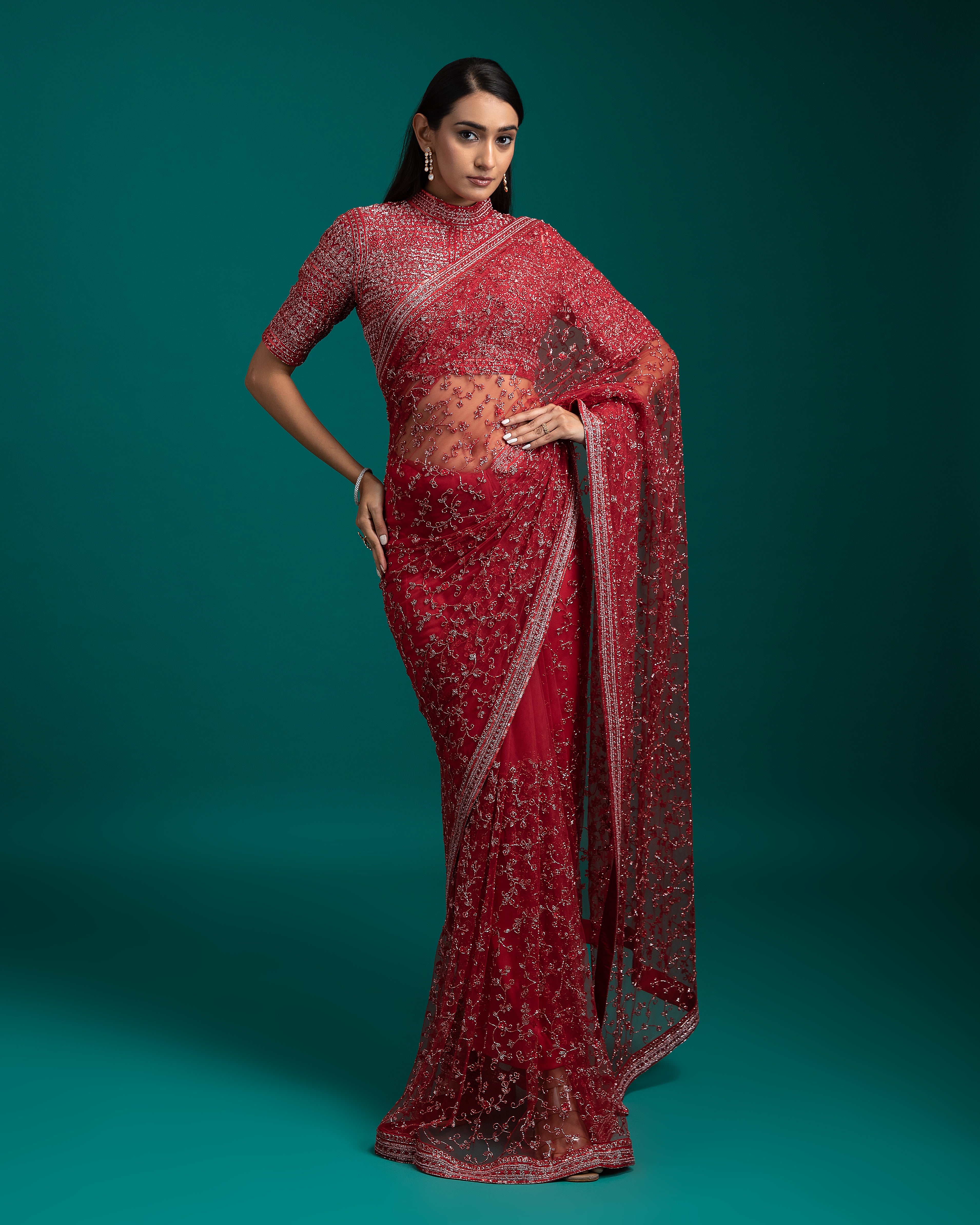 Red Net Saree - Mokshaa