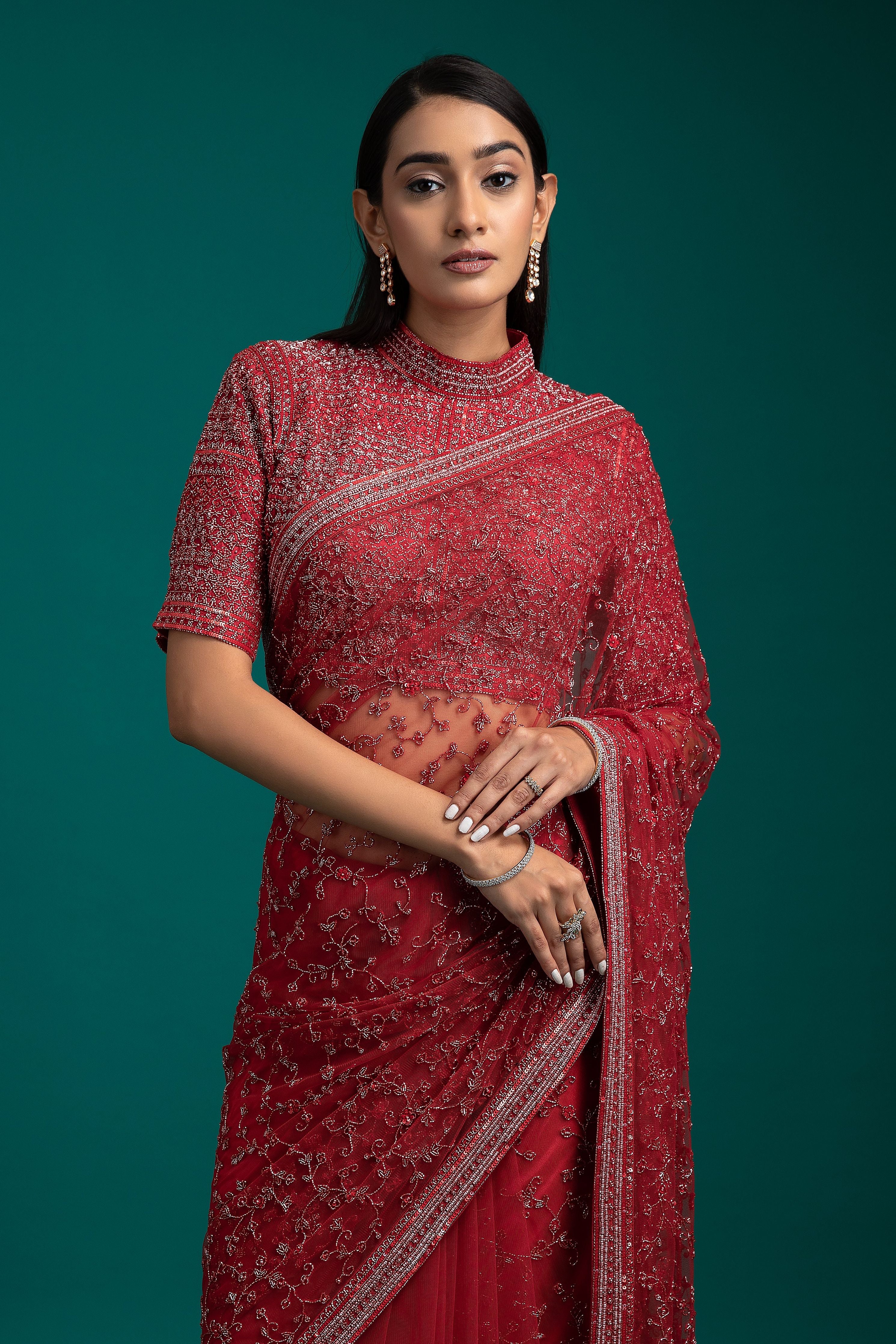 Red Net Saree - Mokshaa