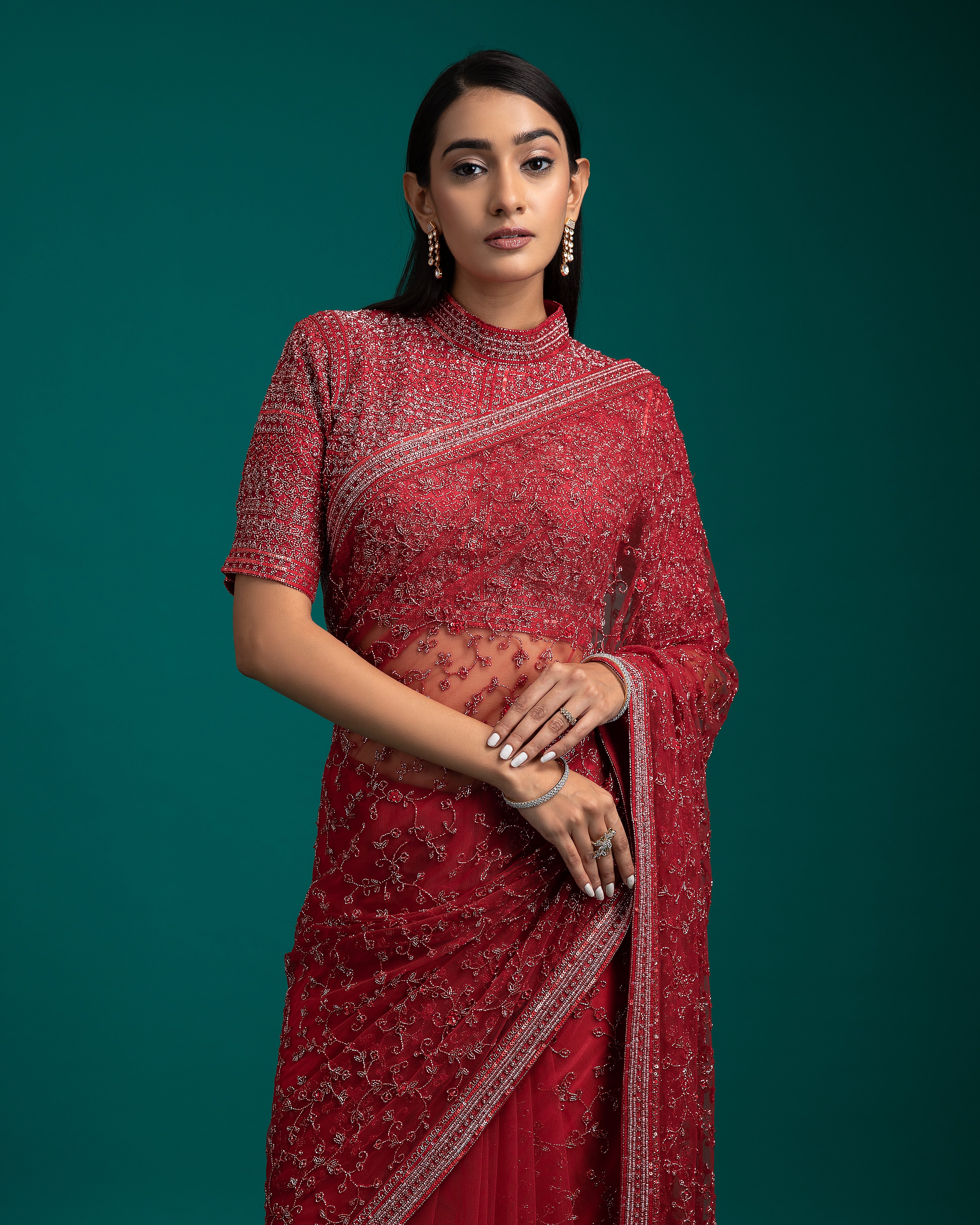 Red Net Saree - Mokshaa