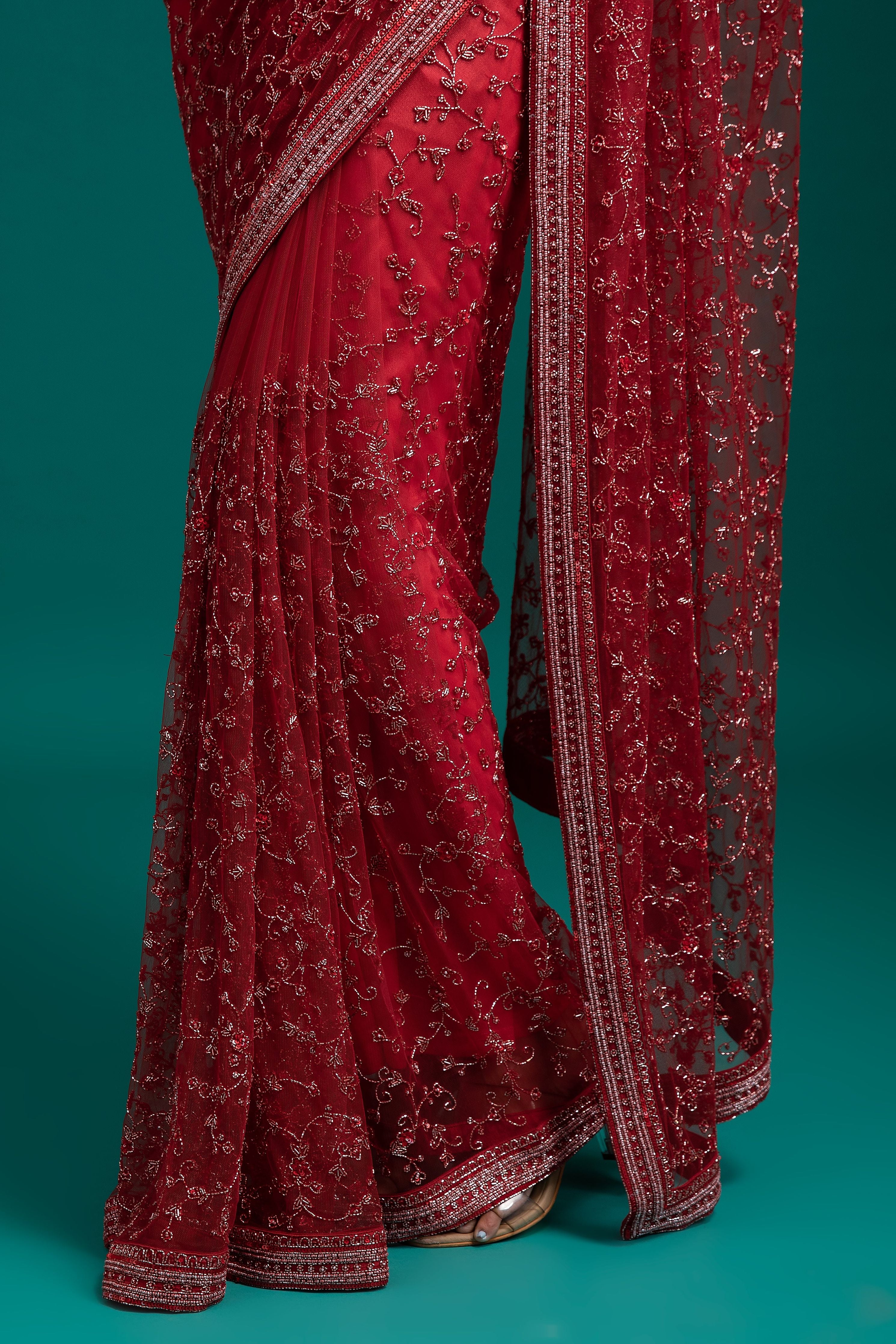 Red Net Saree - Mokshaa