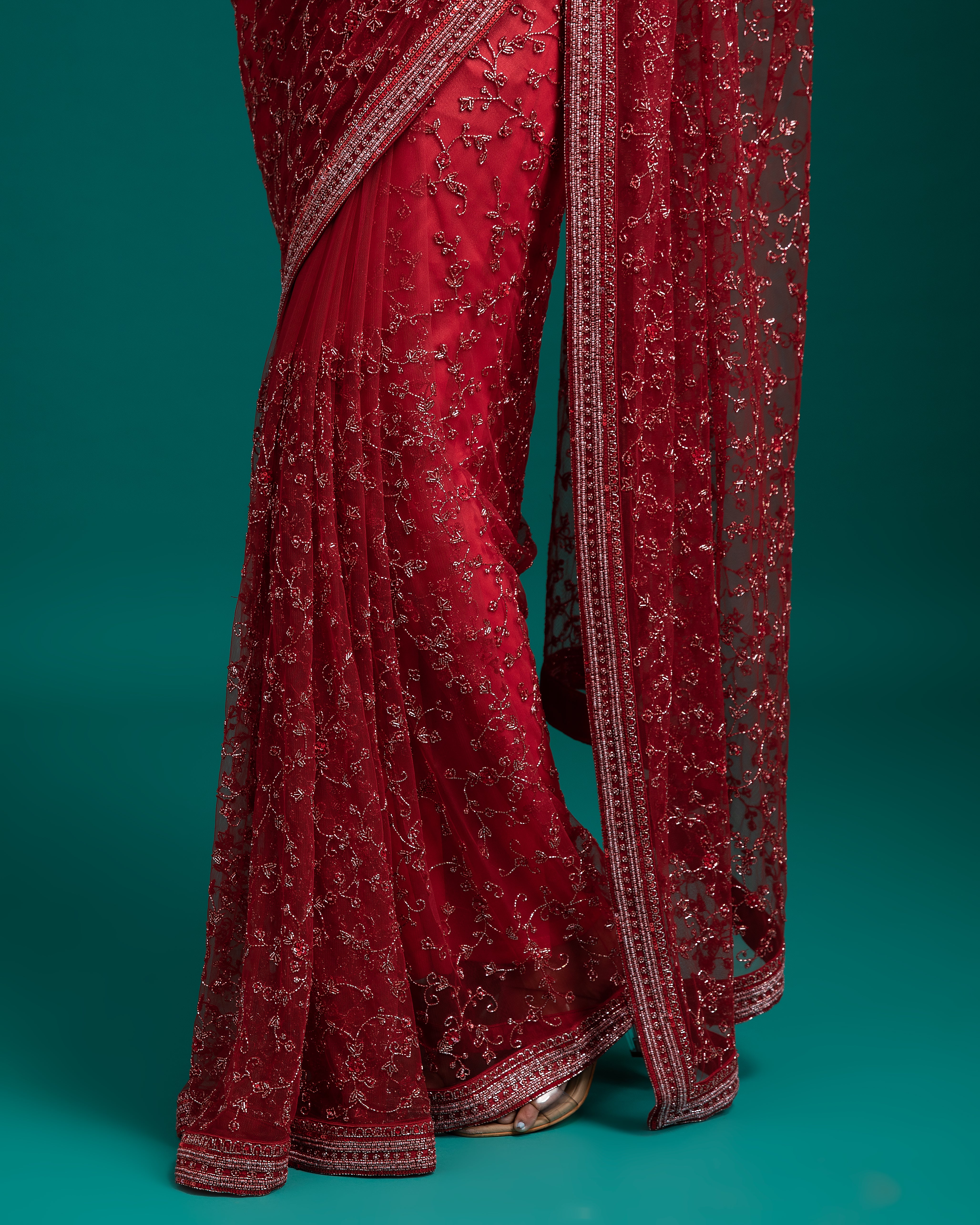 Red Net Saree - Mokshaa