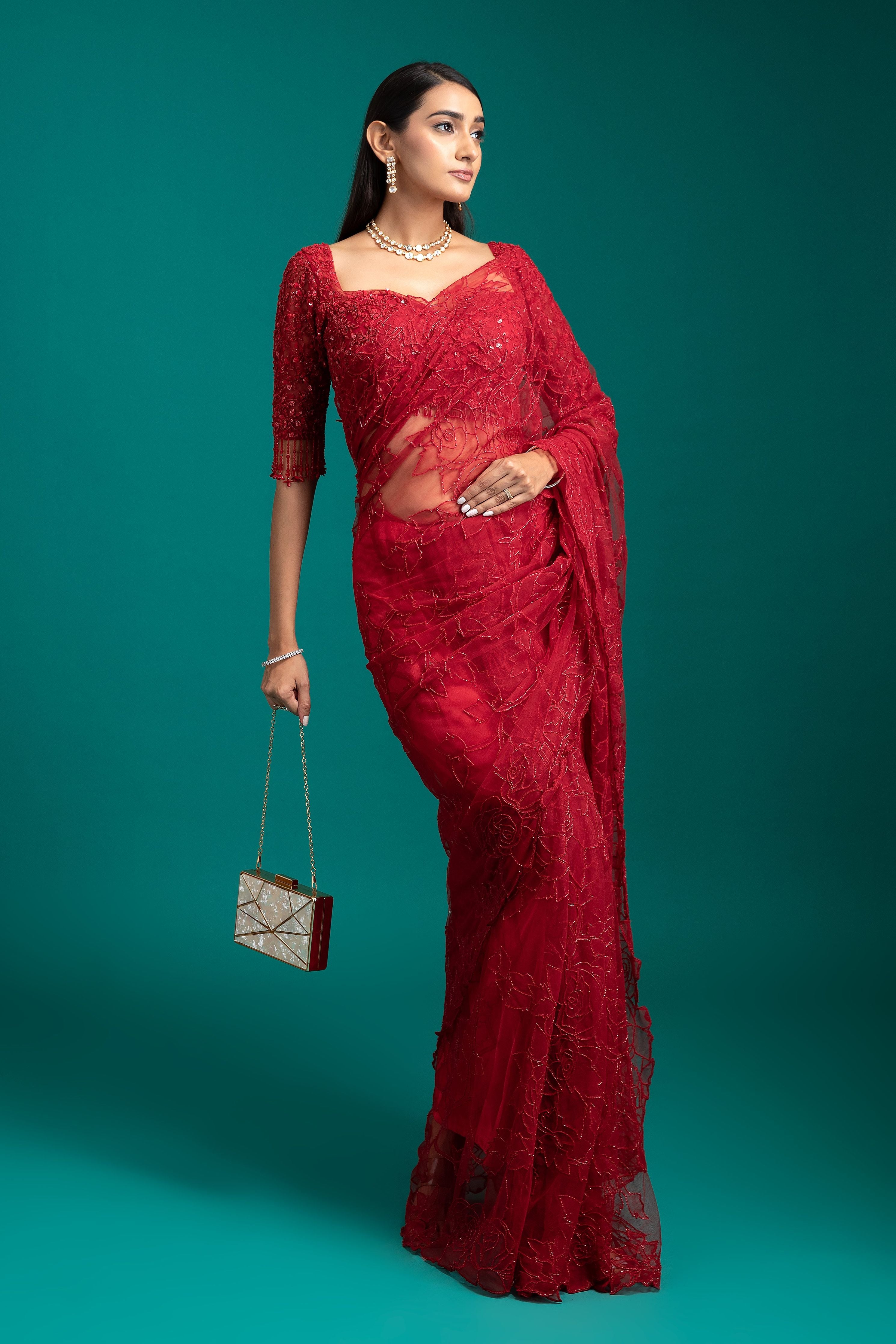 Red Net Saree - Mokshaa