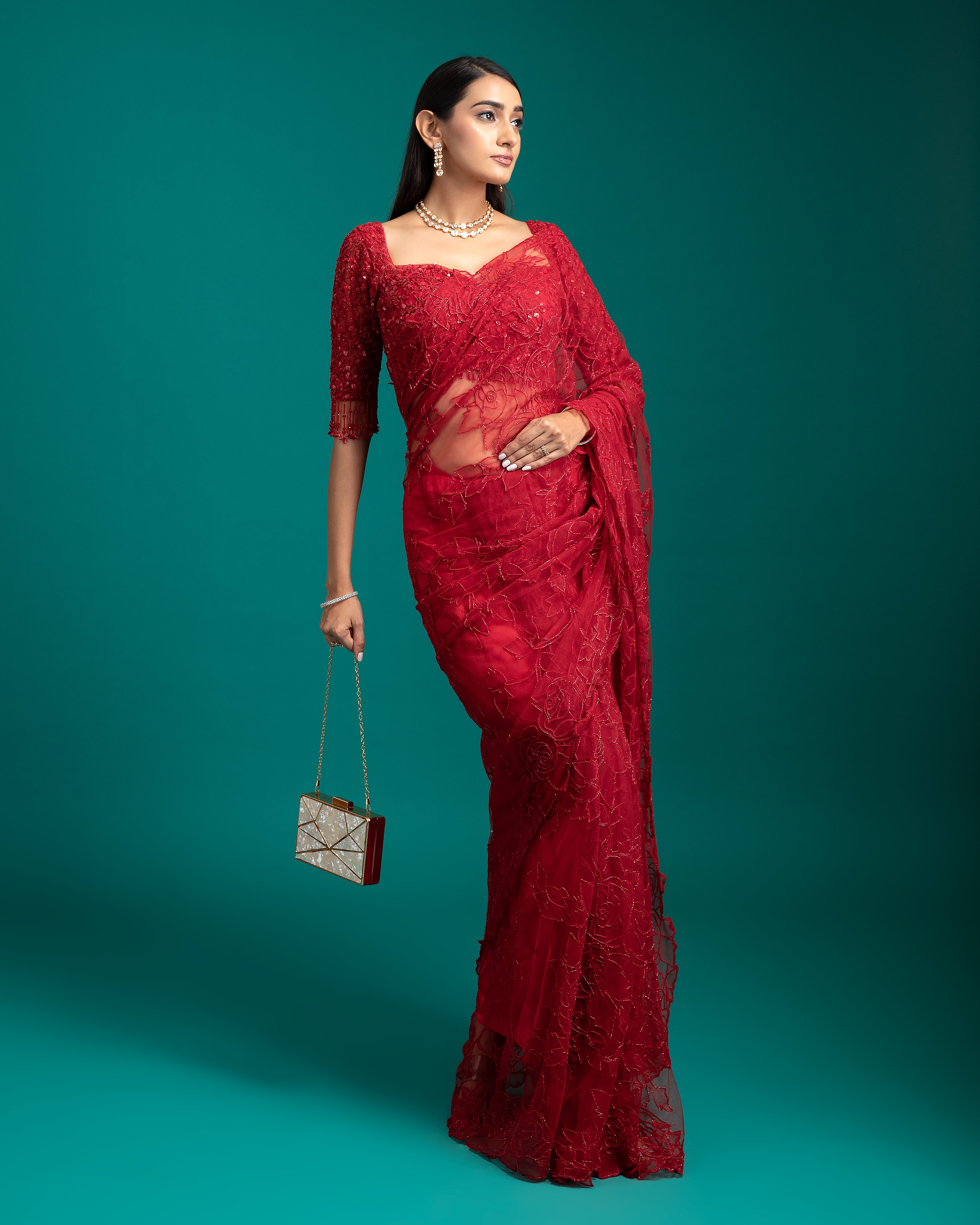 Red Net Saree - Mokshaa