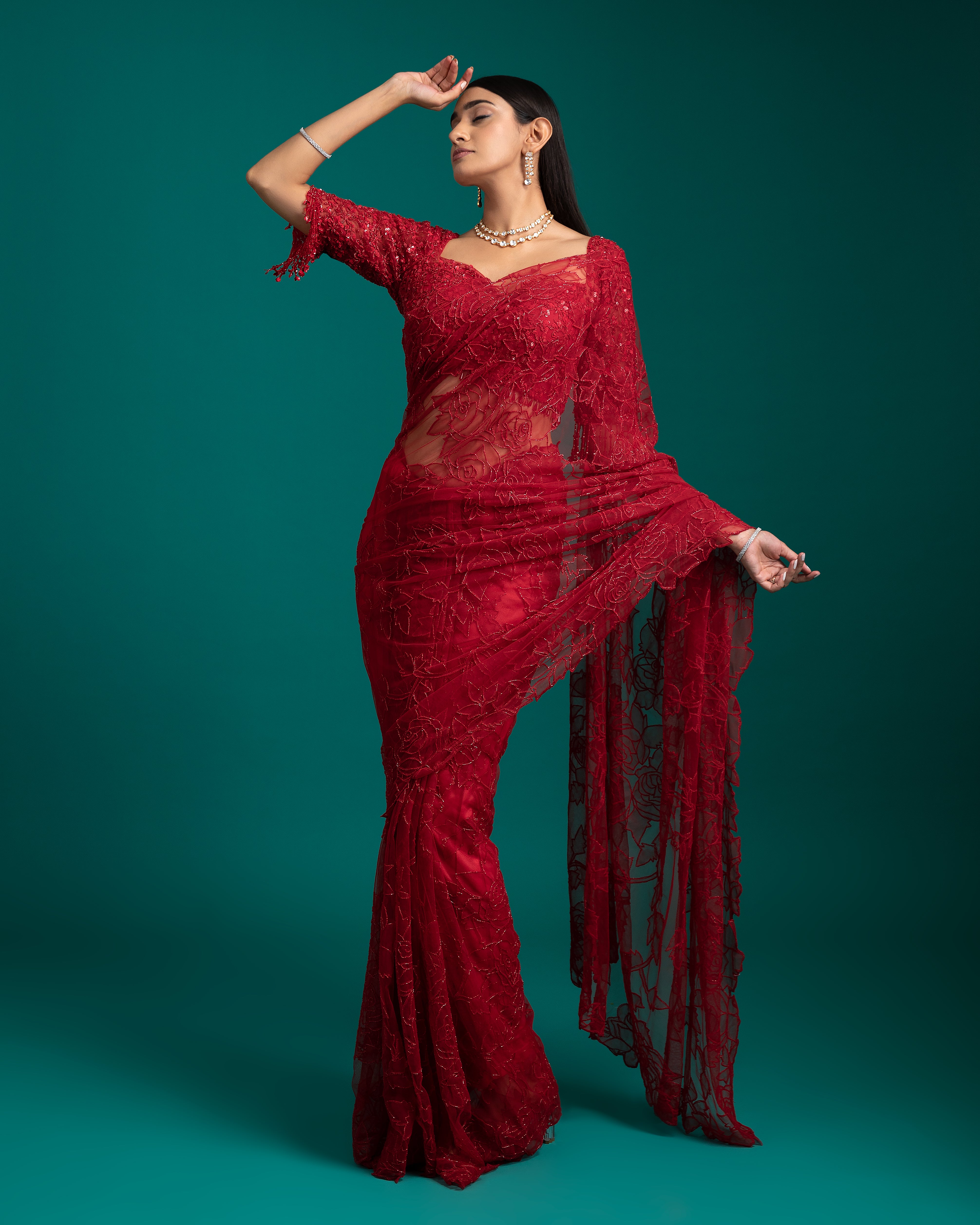 Red Net Saree - Mokshaa