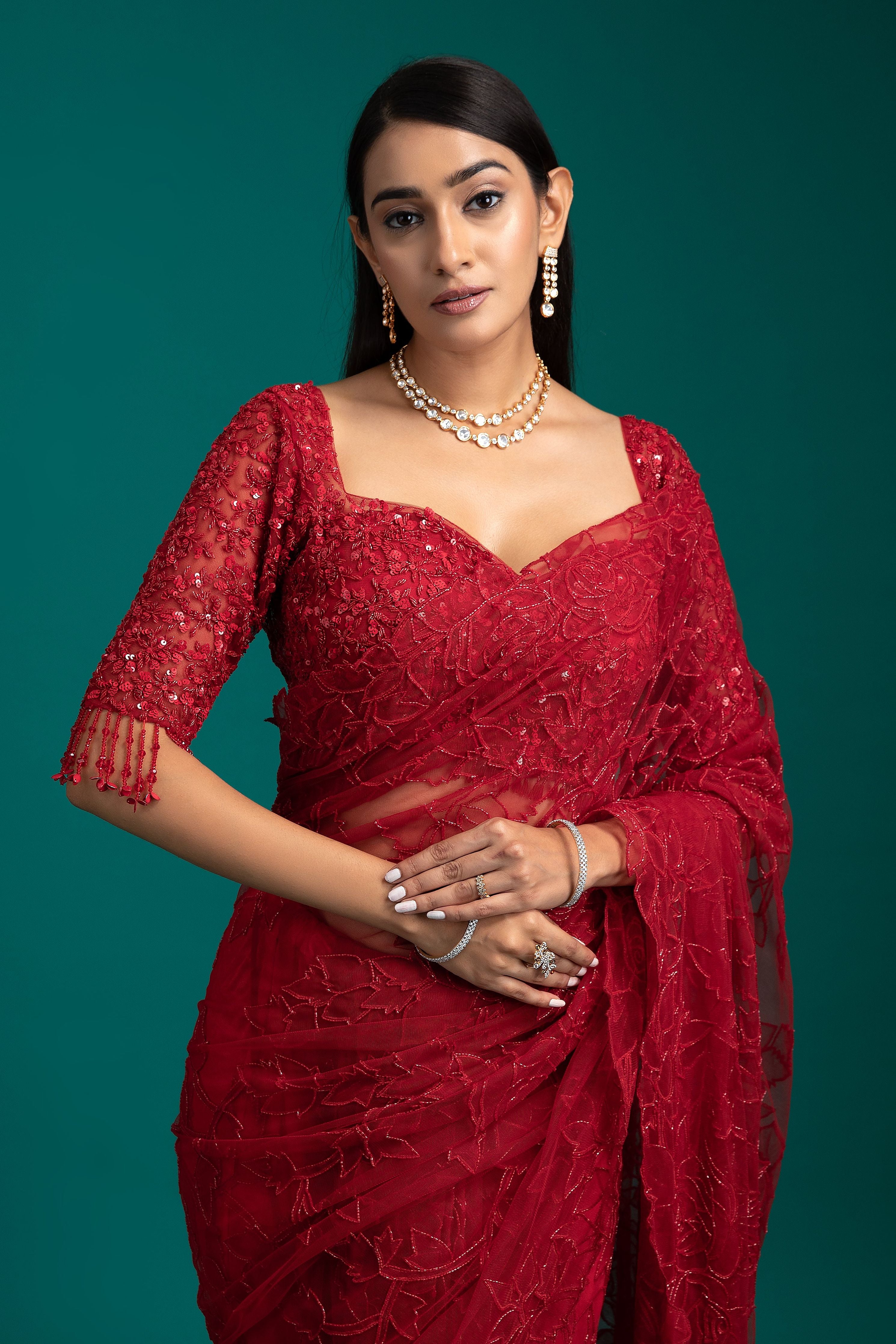 Red Net Saree - Mokshaa