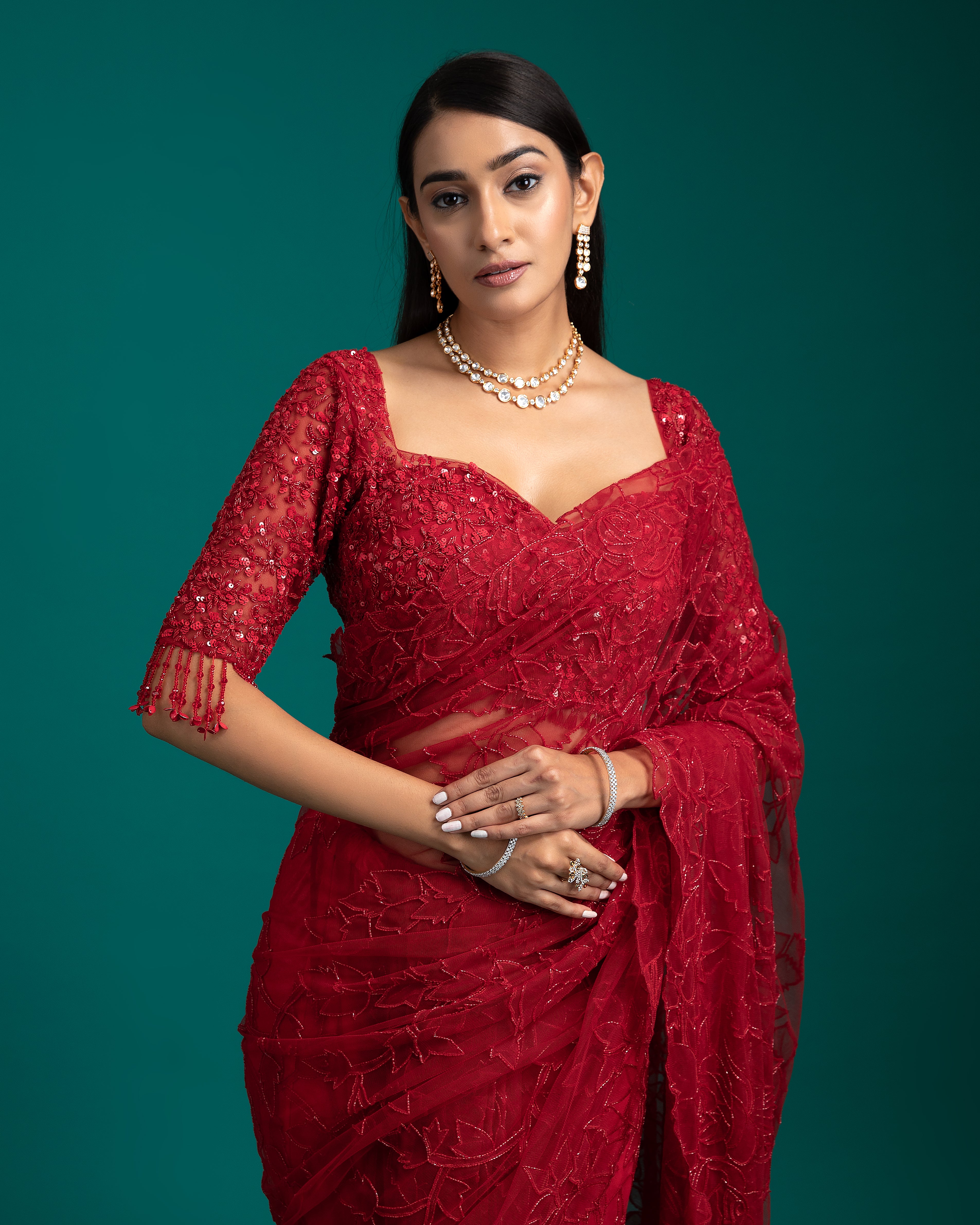 Red Net Saree - Mokshaa