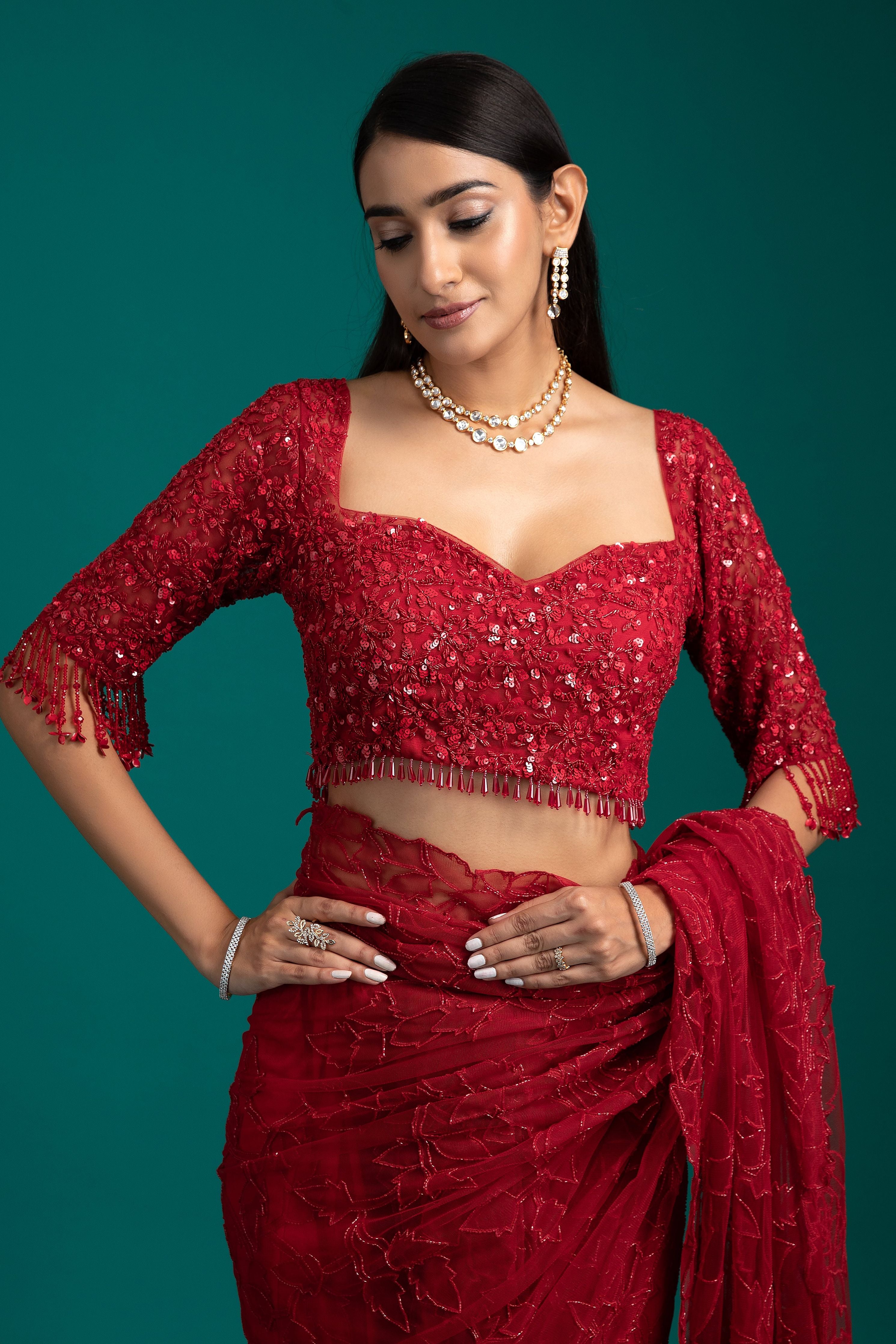 Red Net Saree - Mokshaa