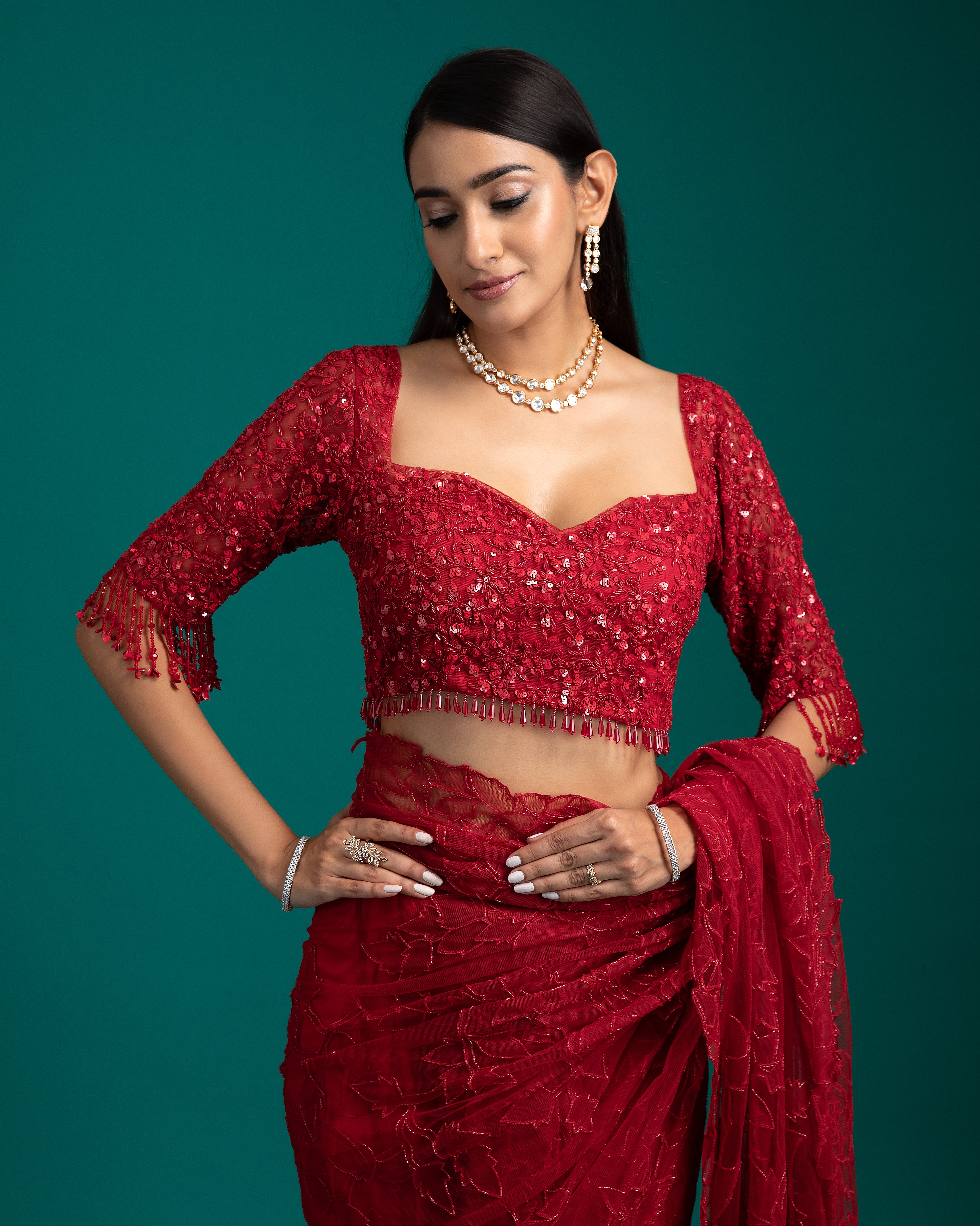 Red Net Saree - Mokshaa