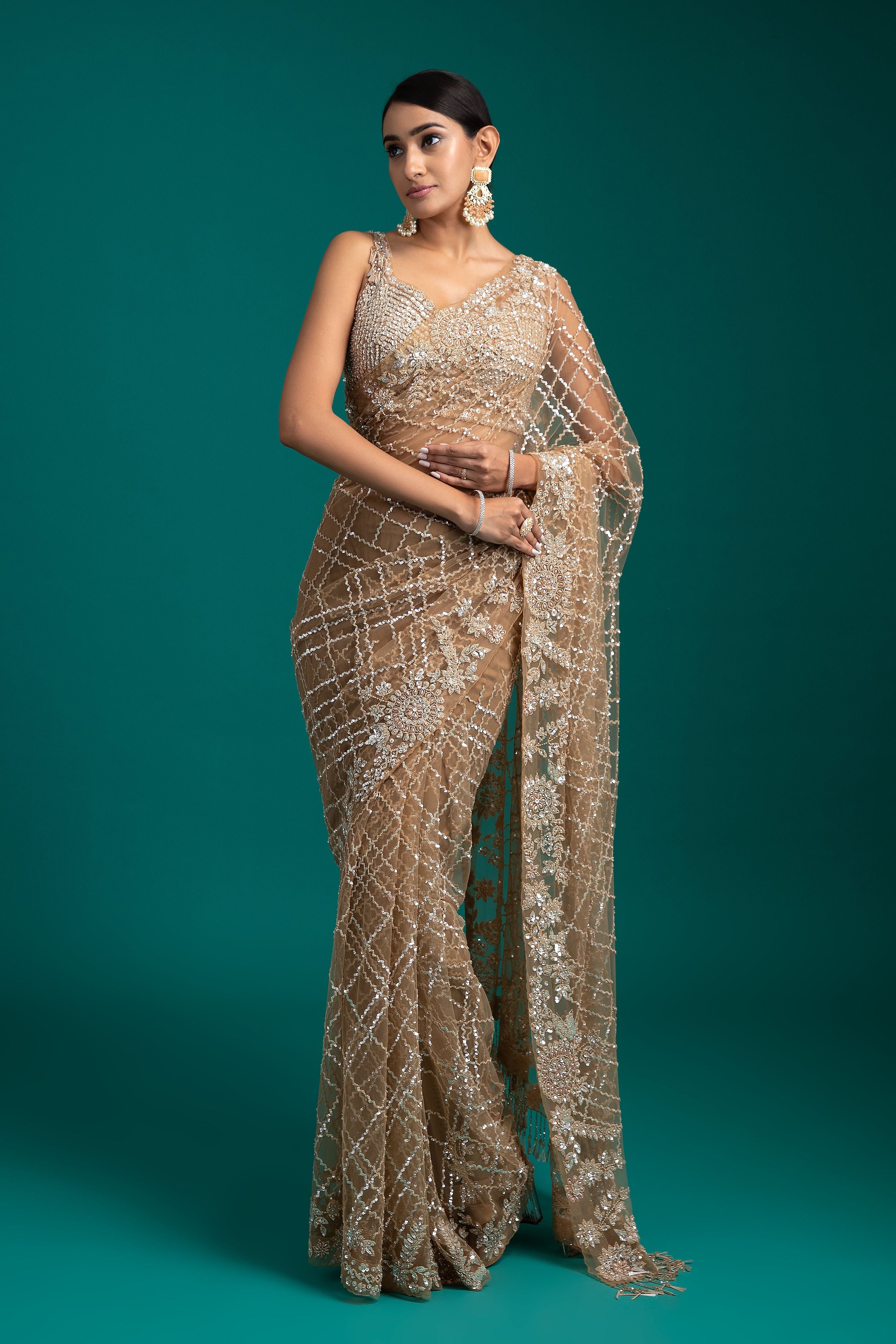 Golden Net Saree - Mokshaa