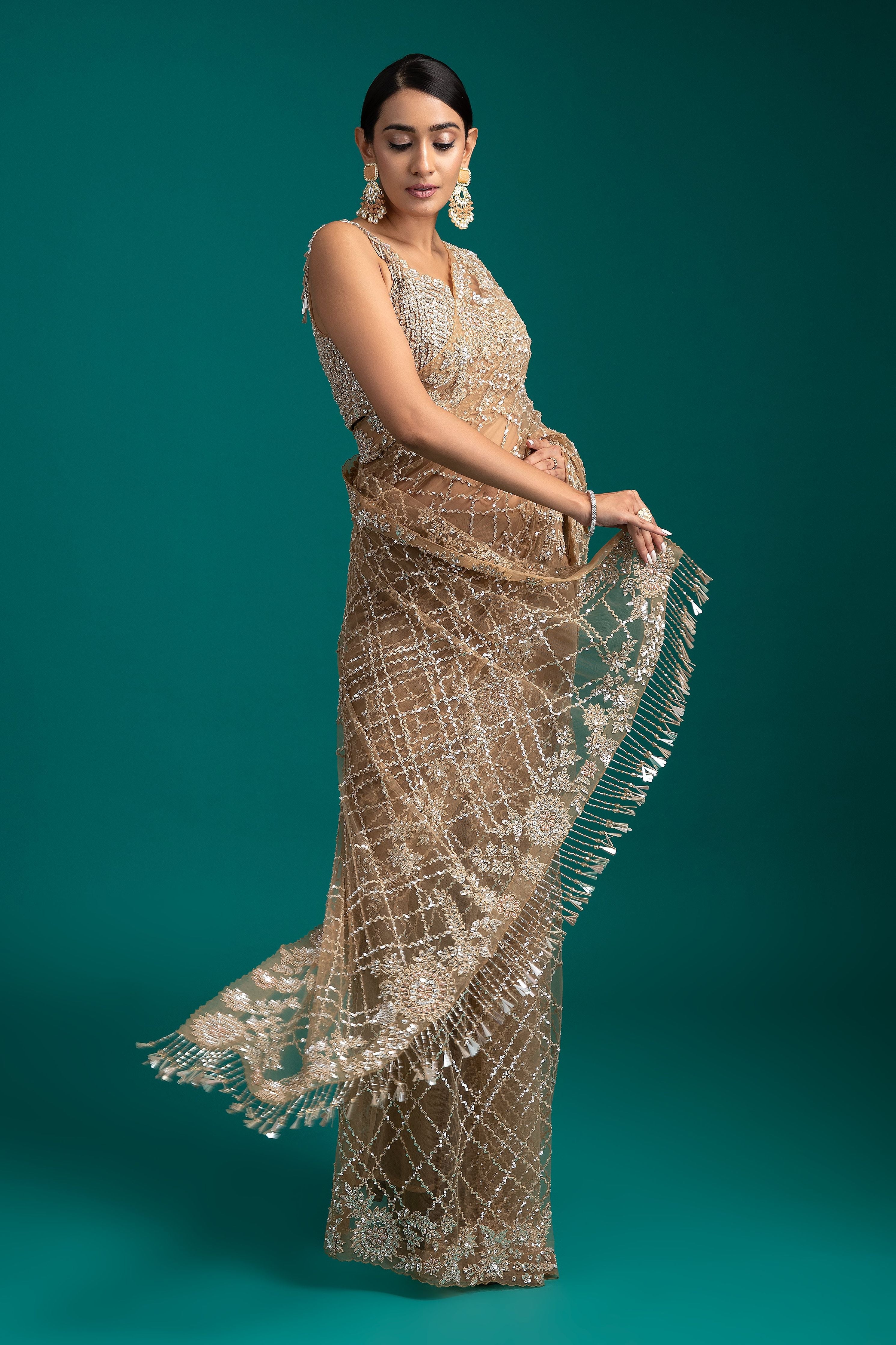 Golden Net Saree - Mokshaa