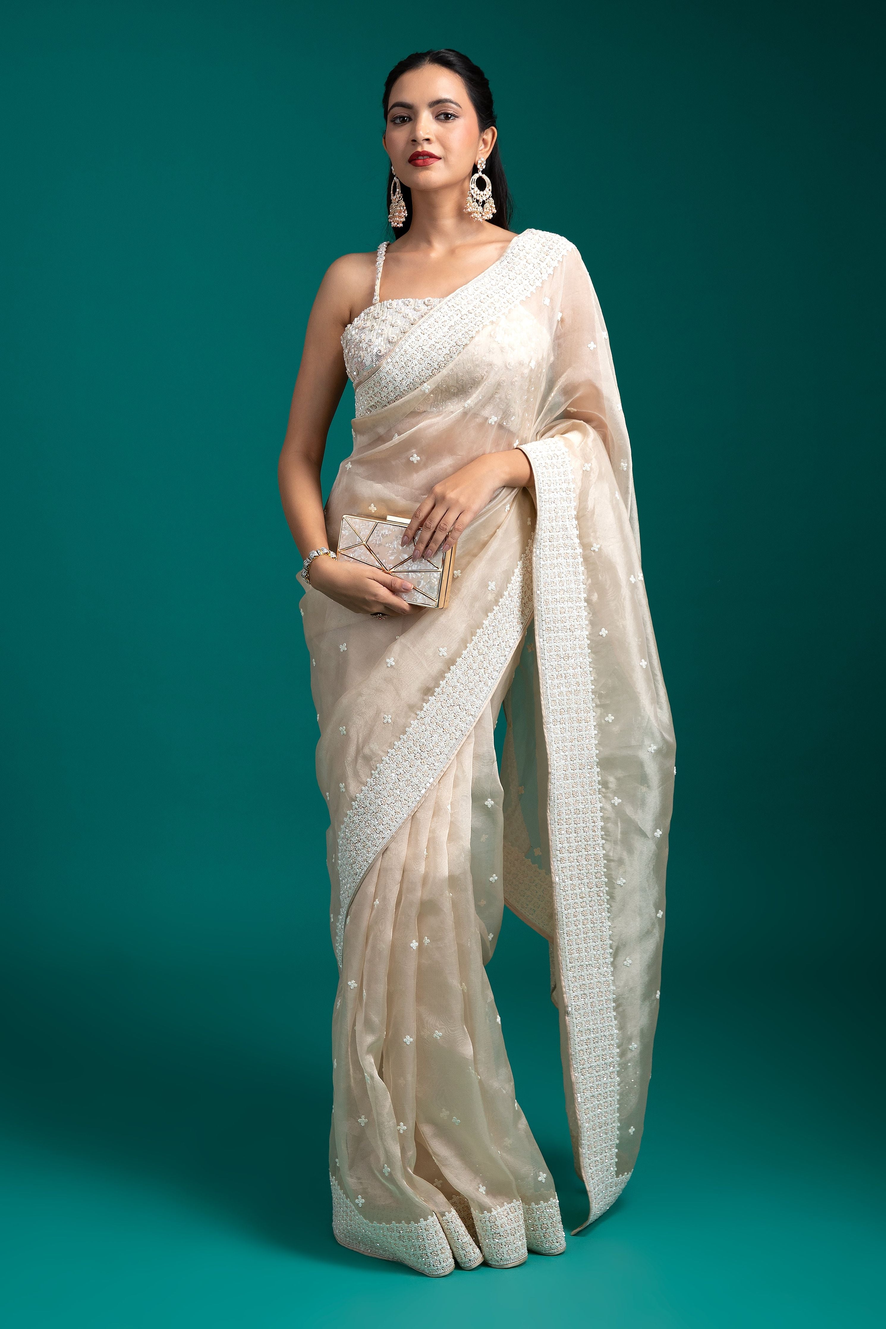 Off-White Organza Saree - Mokshaa