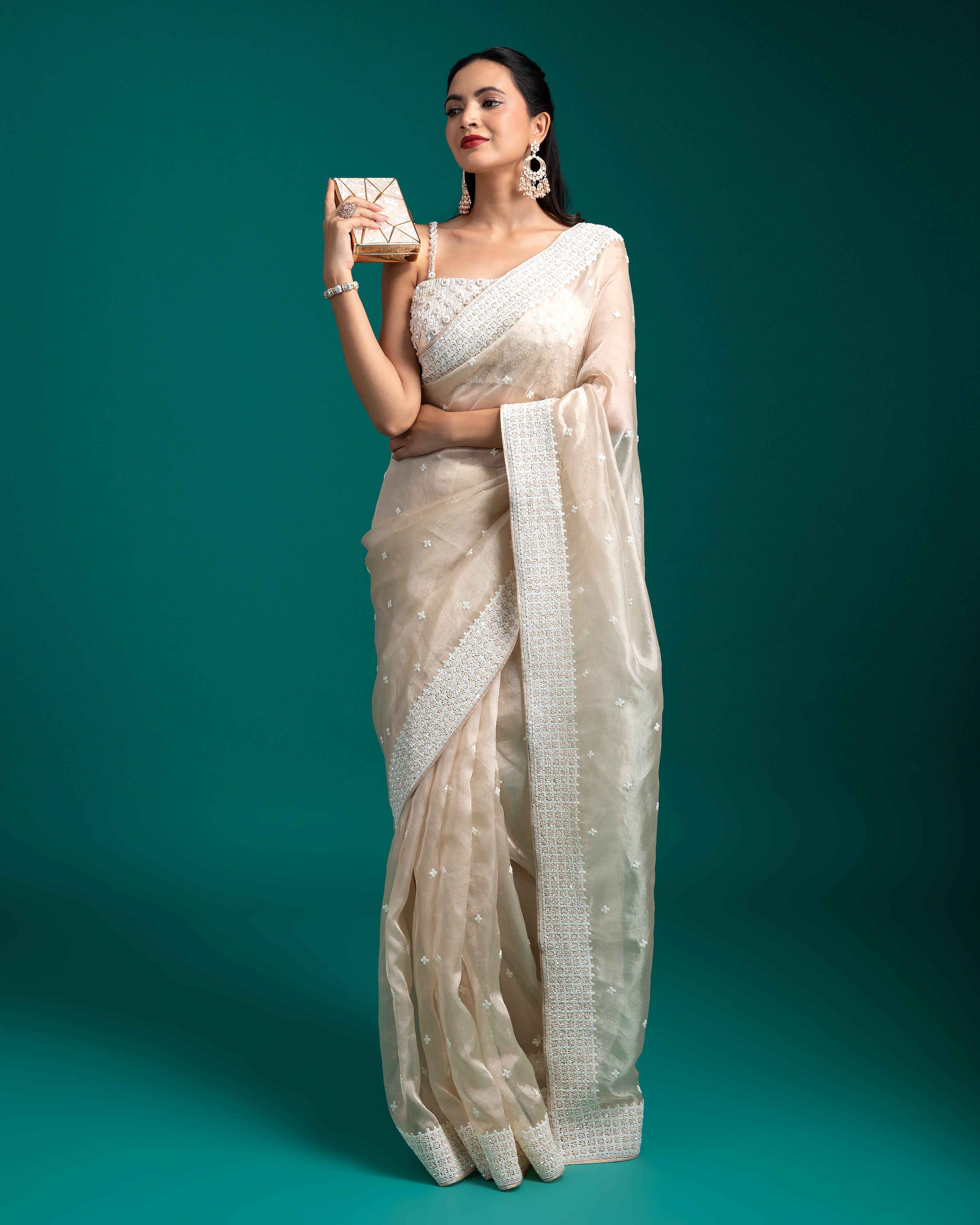 Off-White Organza Saree - Mokshaa