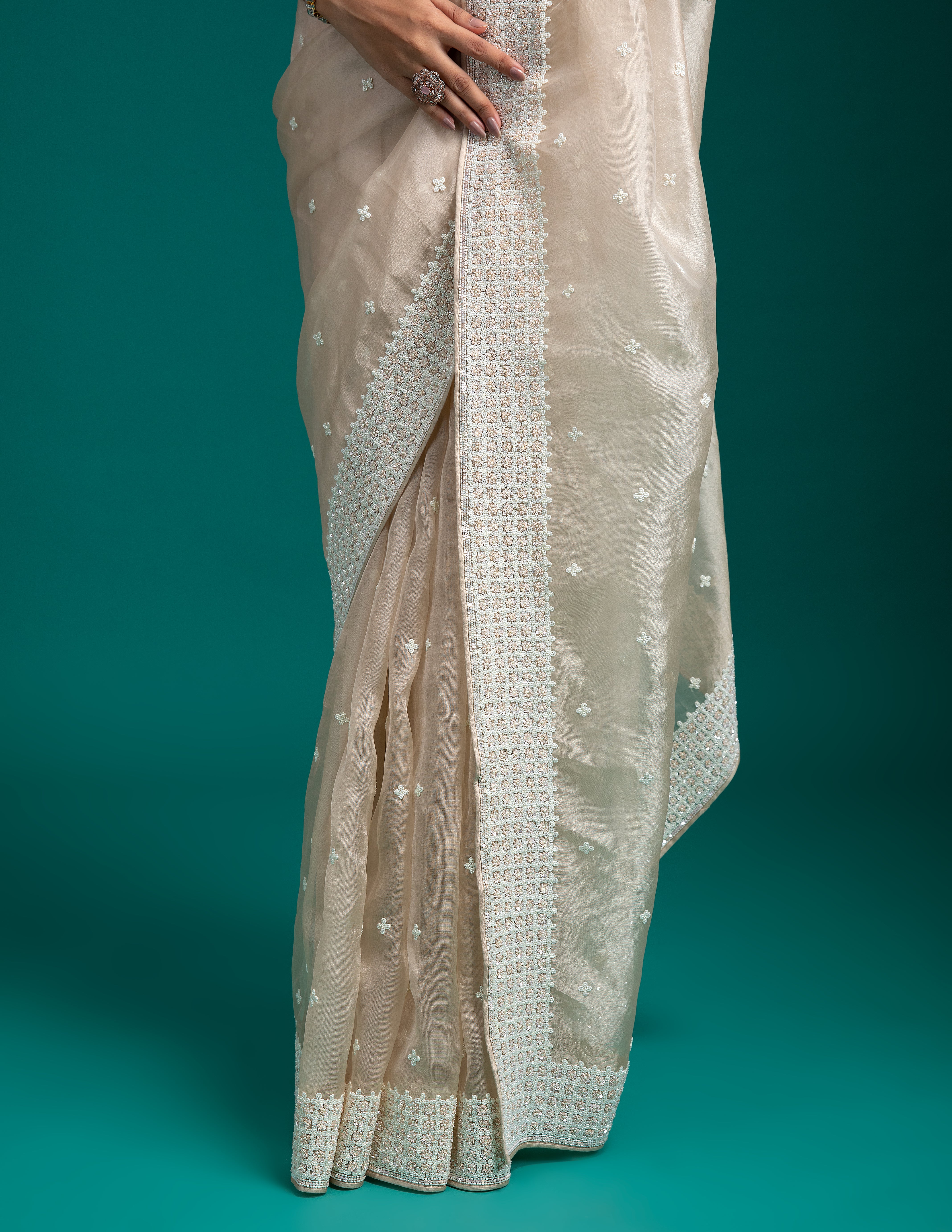 Off-White Organza Saree - Mokshaa