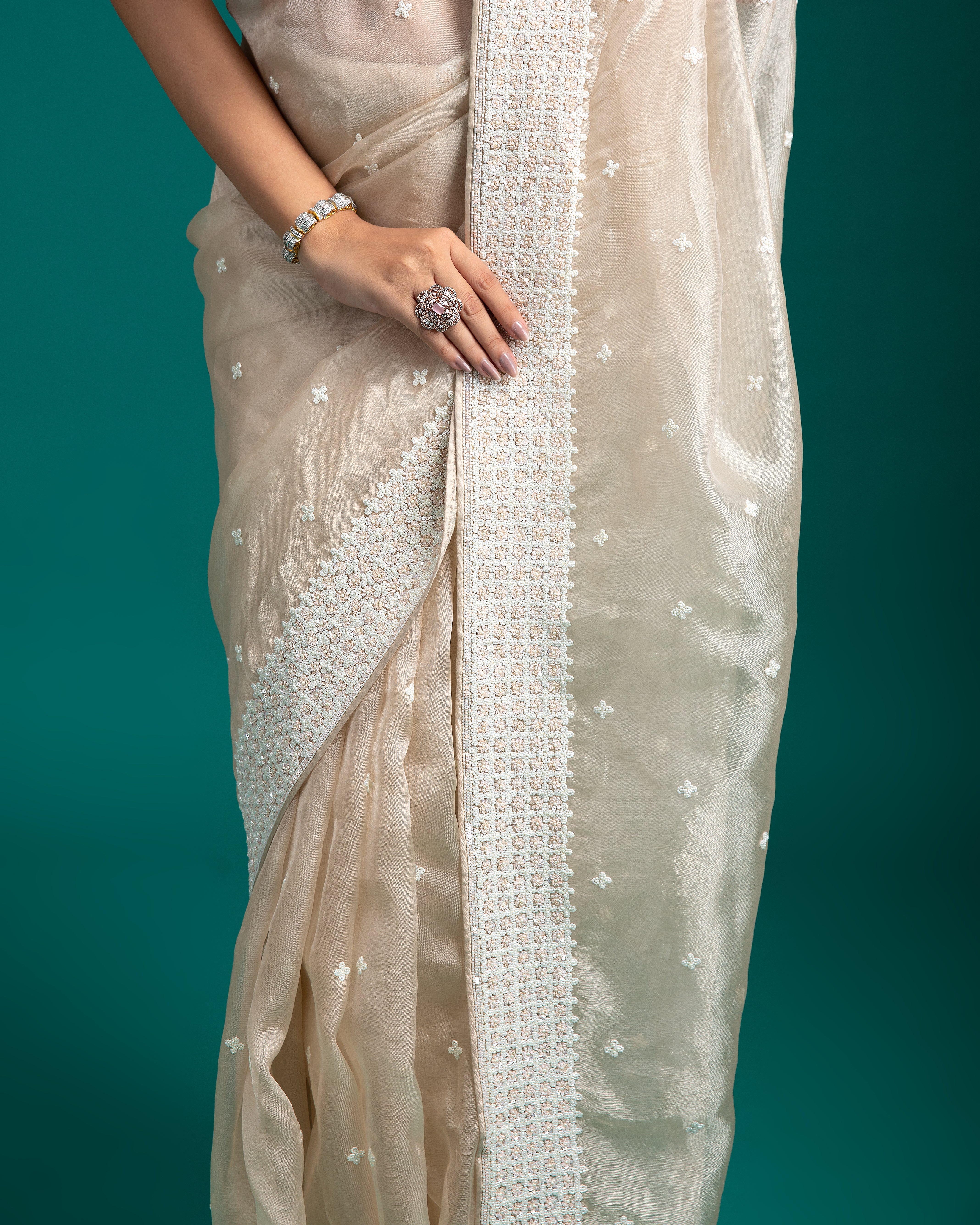 Off-White Organza Saree - Mokshaa