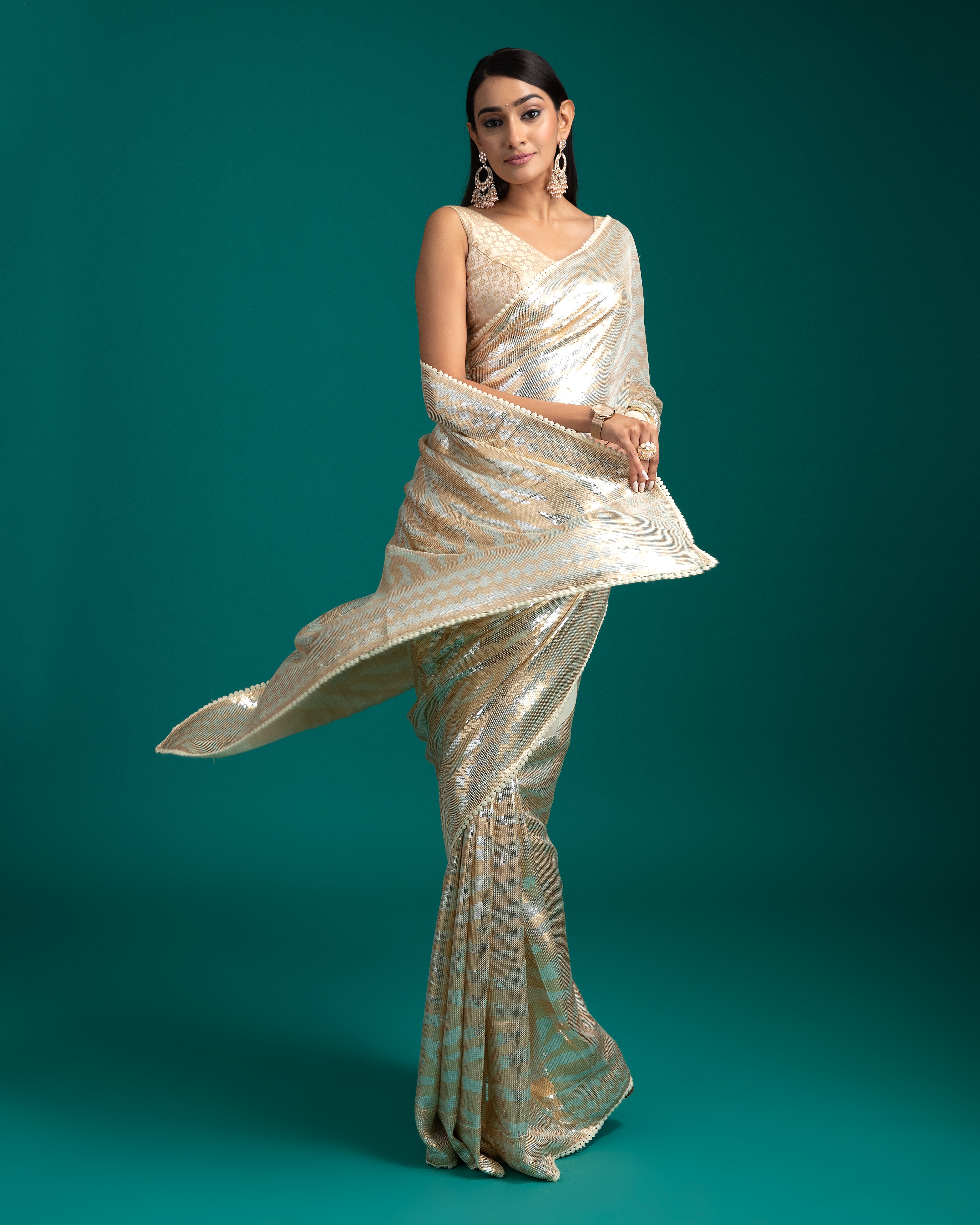 Ivory Striped Georgette Saree - Mokshaa