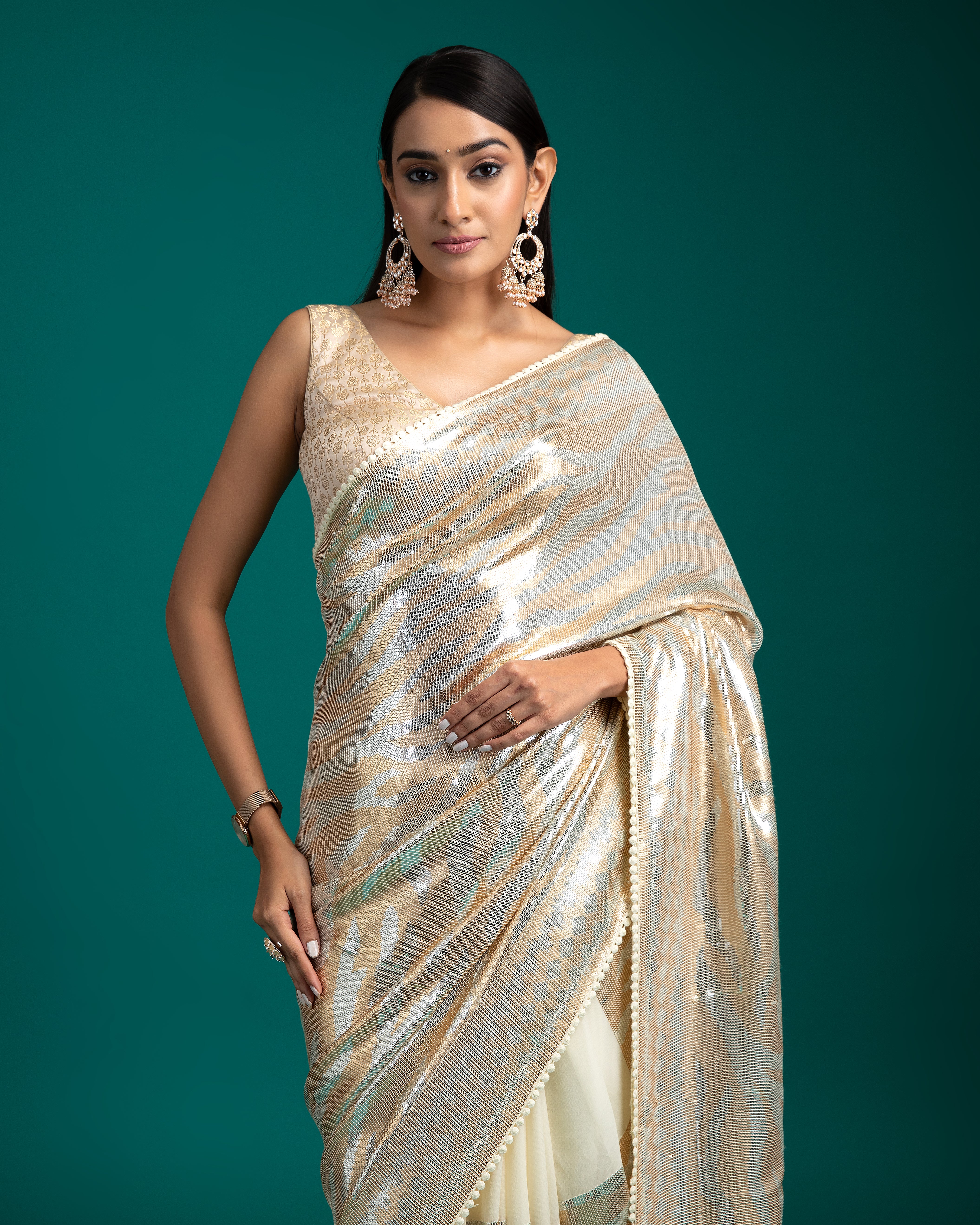 Ivory Striped Georgette Saree - Mokshaa