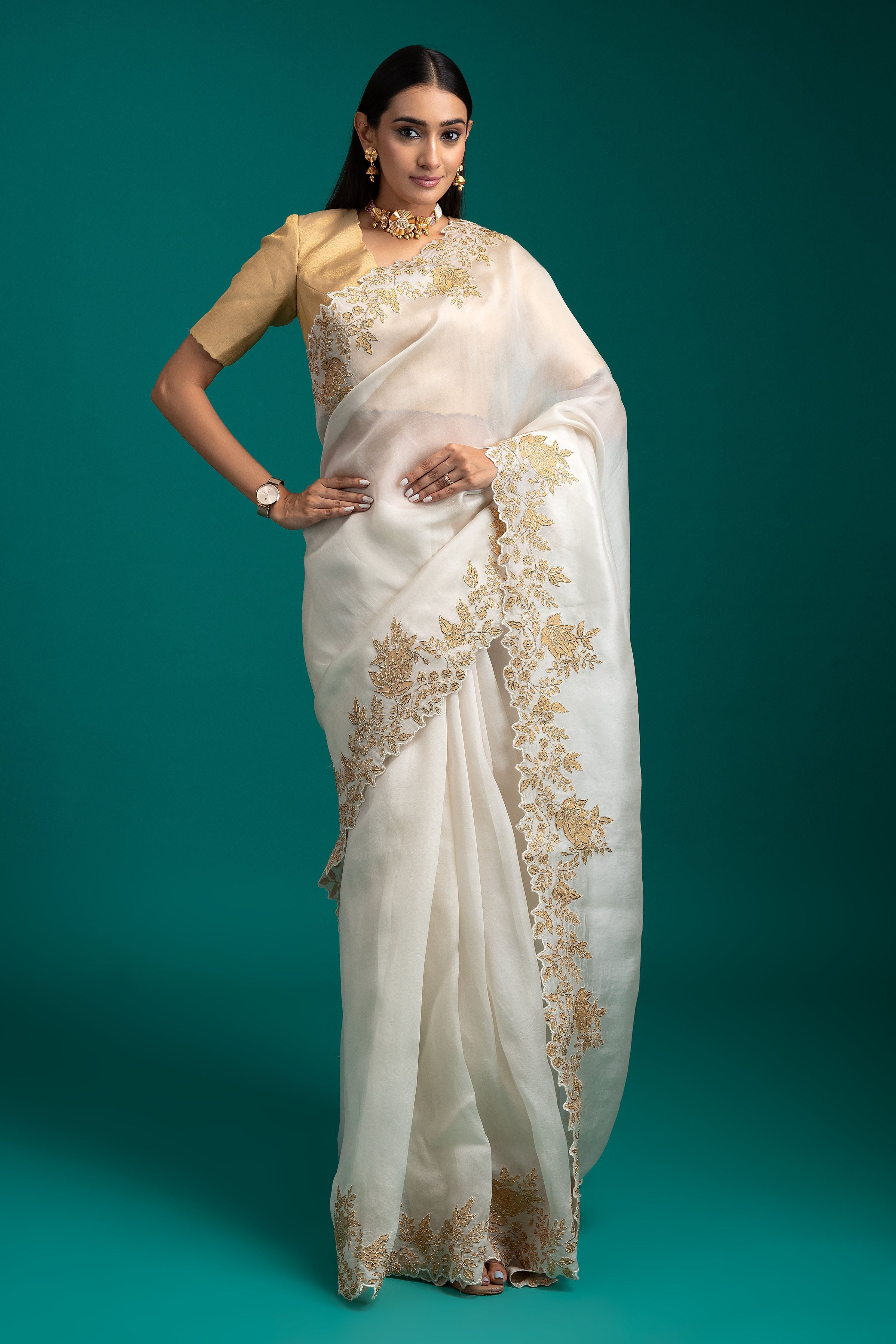 Ivory Organza Saree - Mokshaa