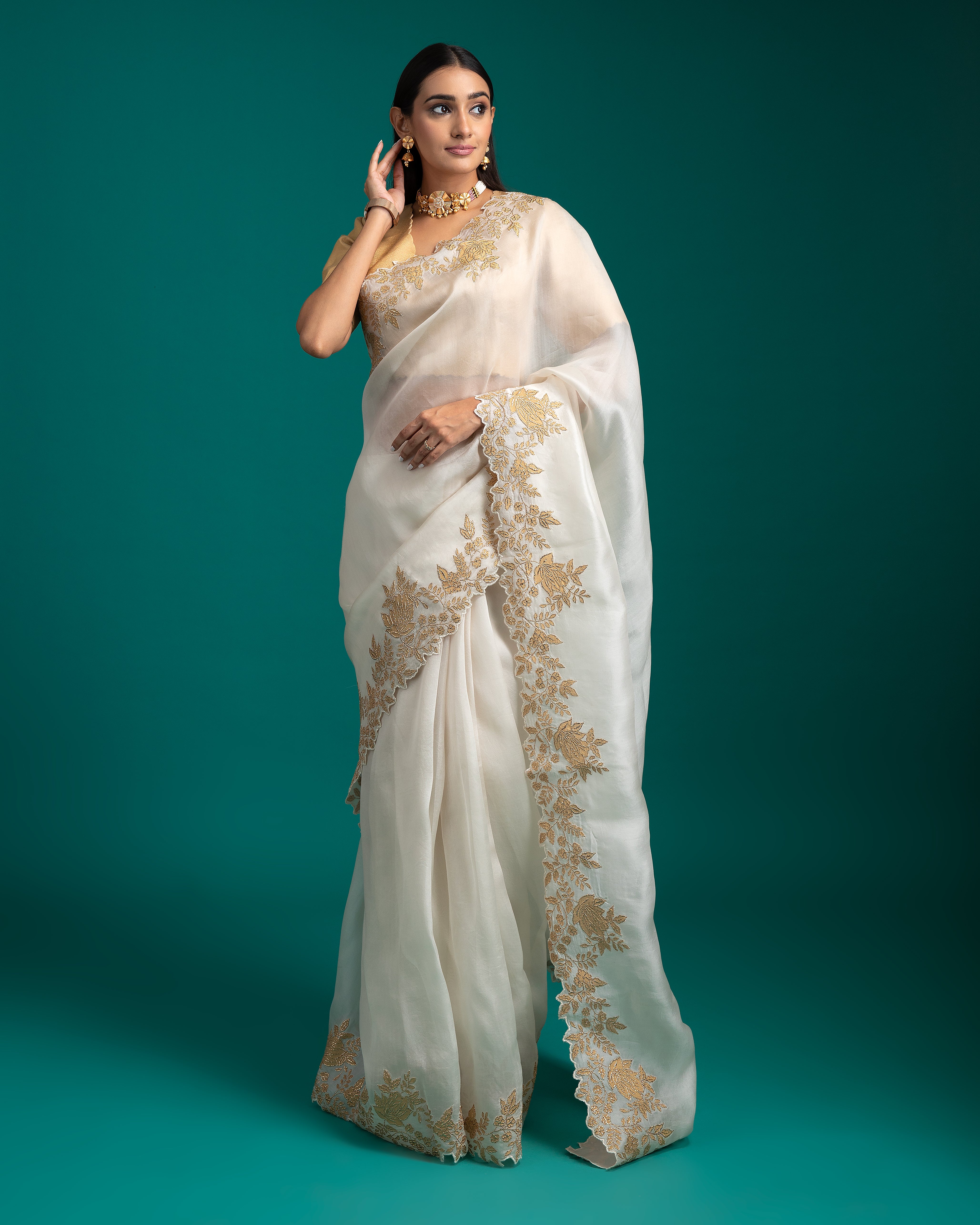 Ivory Organza Saree - Mokshaa