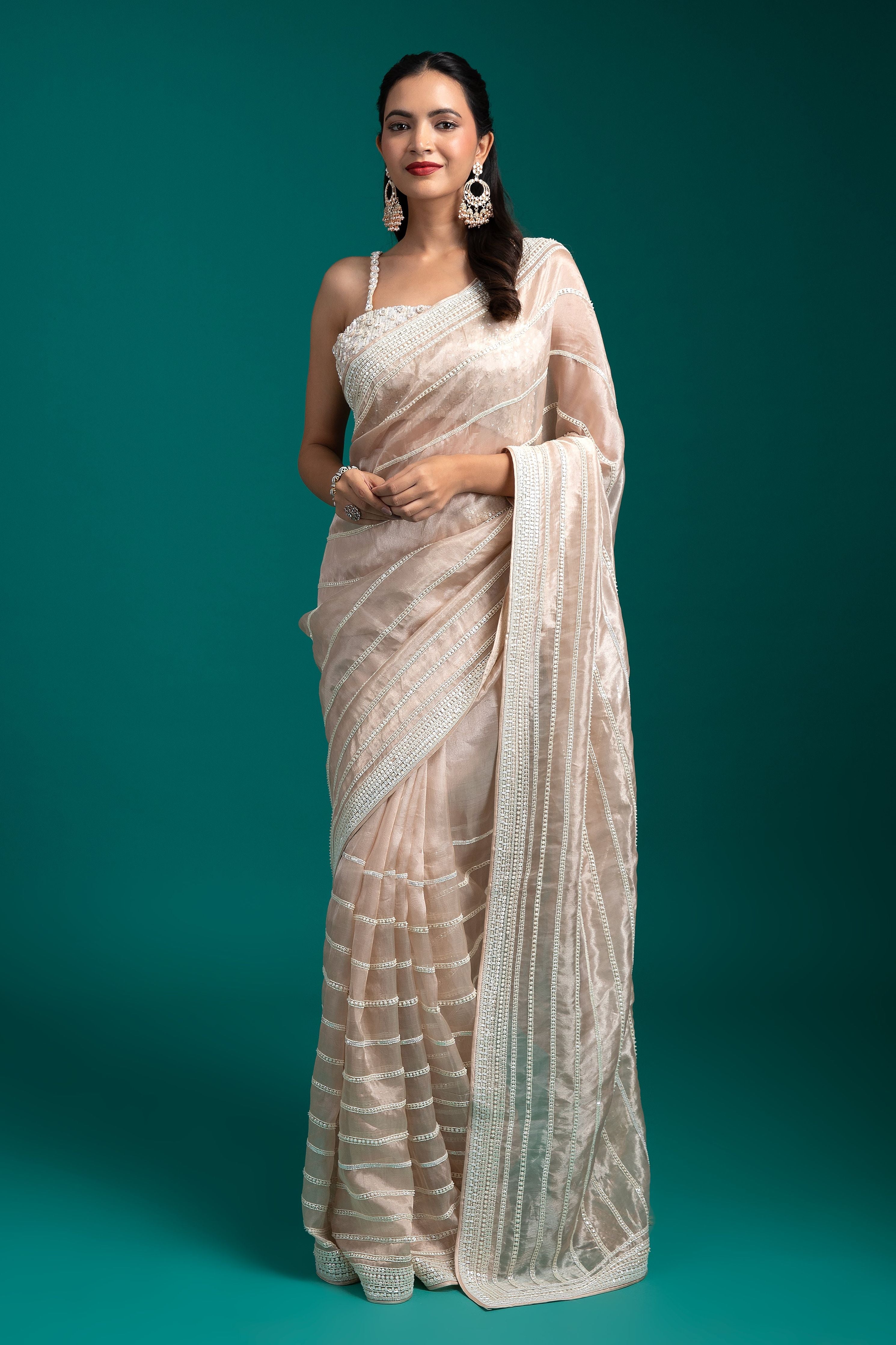 Ivory Striped Organza Saree - Mokshaa