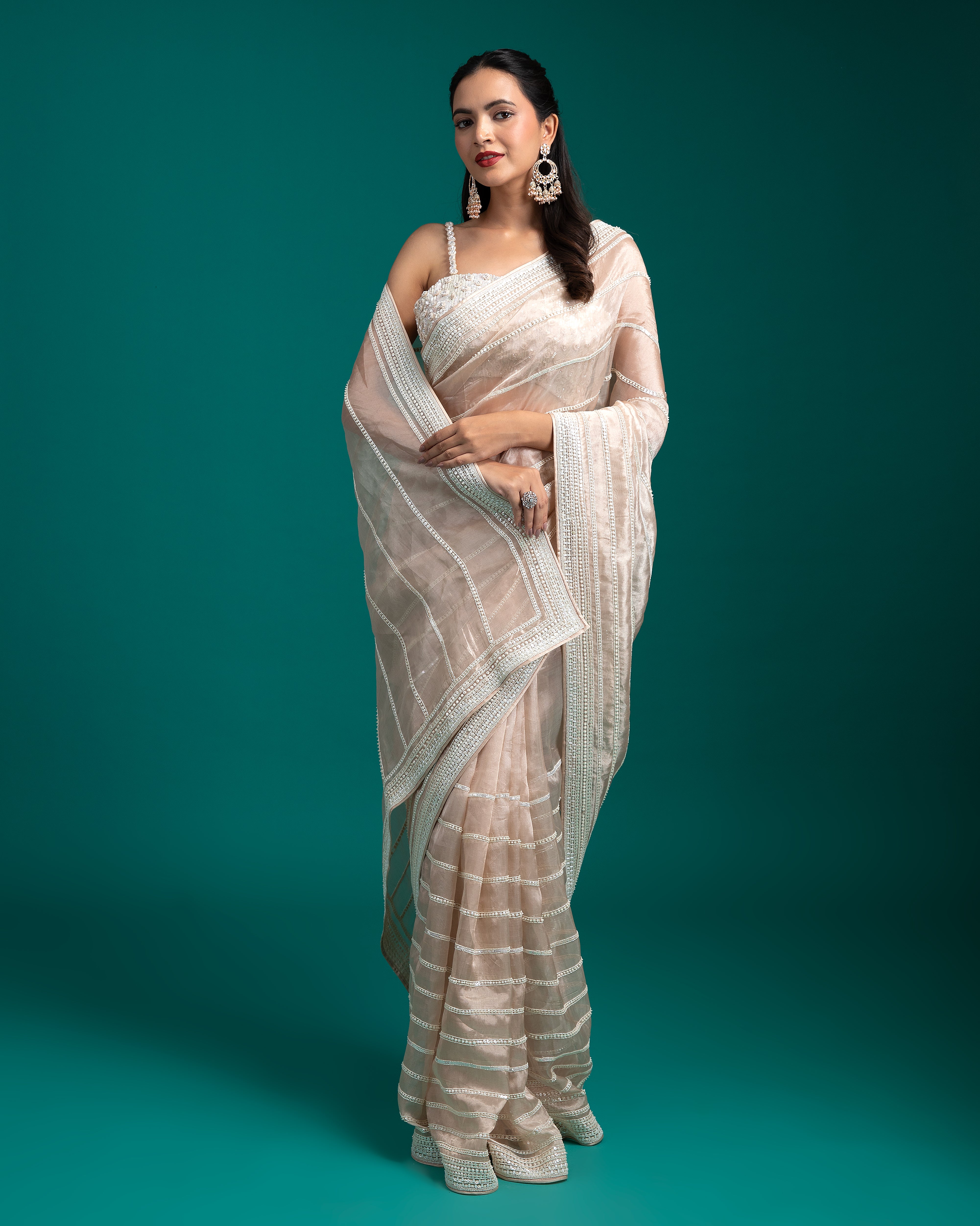 Ivory Striped Organza Saree - Mokshaa