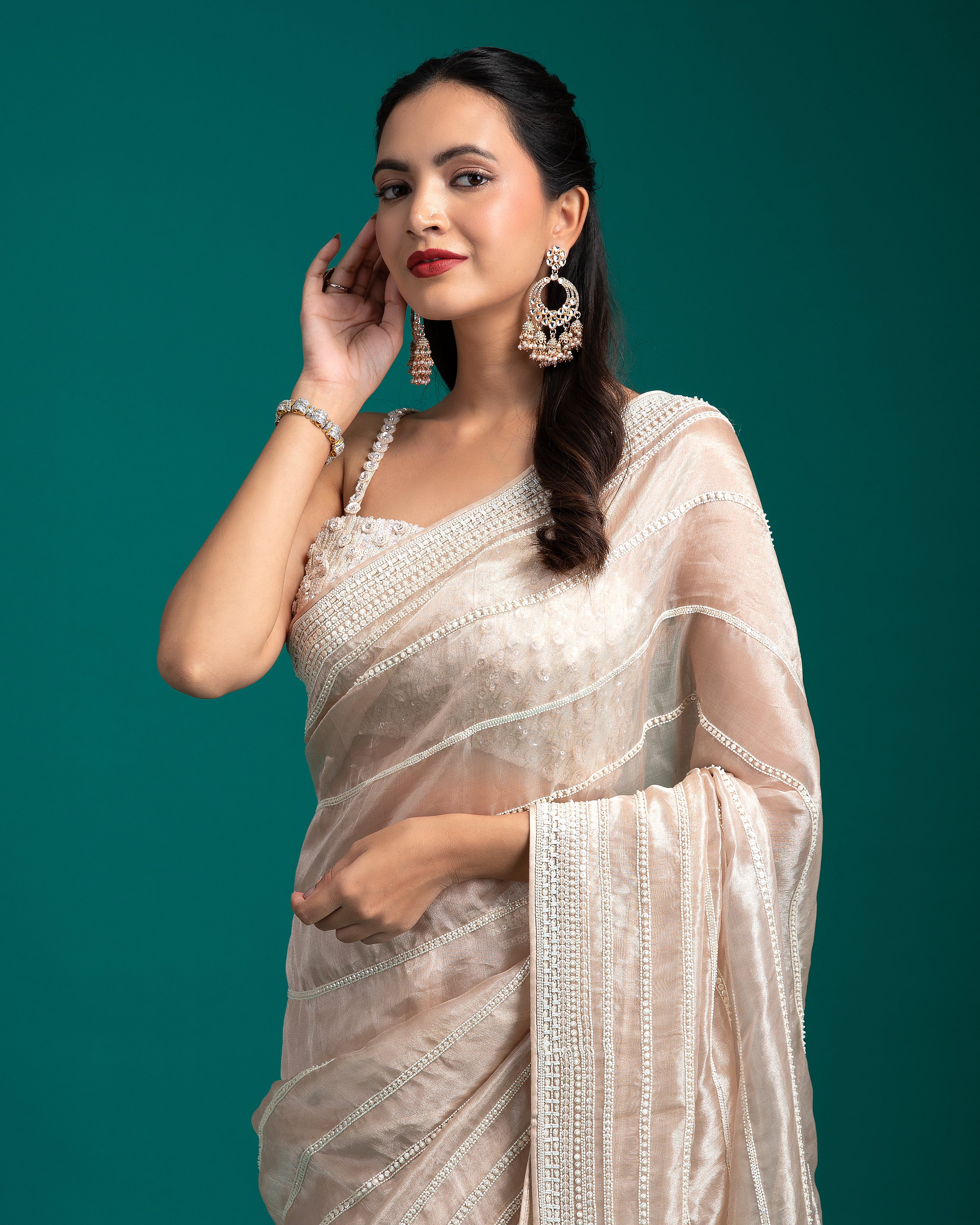 Ivory Striped Organza Saree - Mokshaa