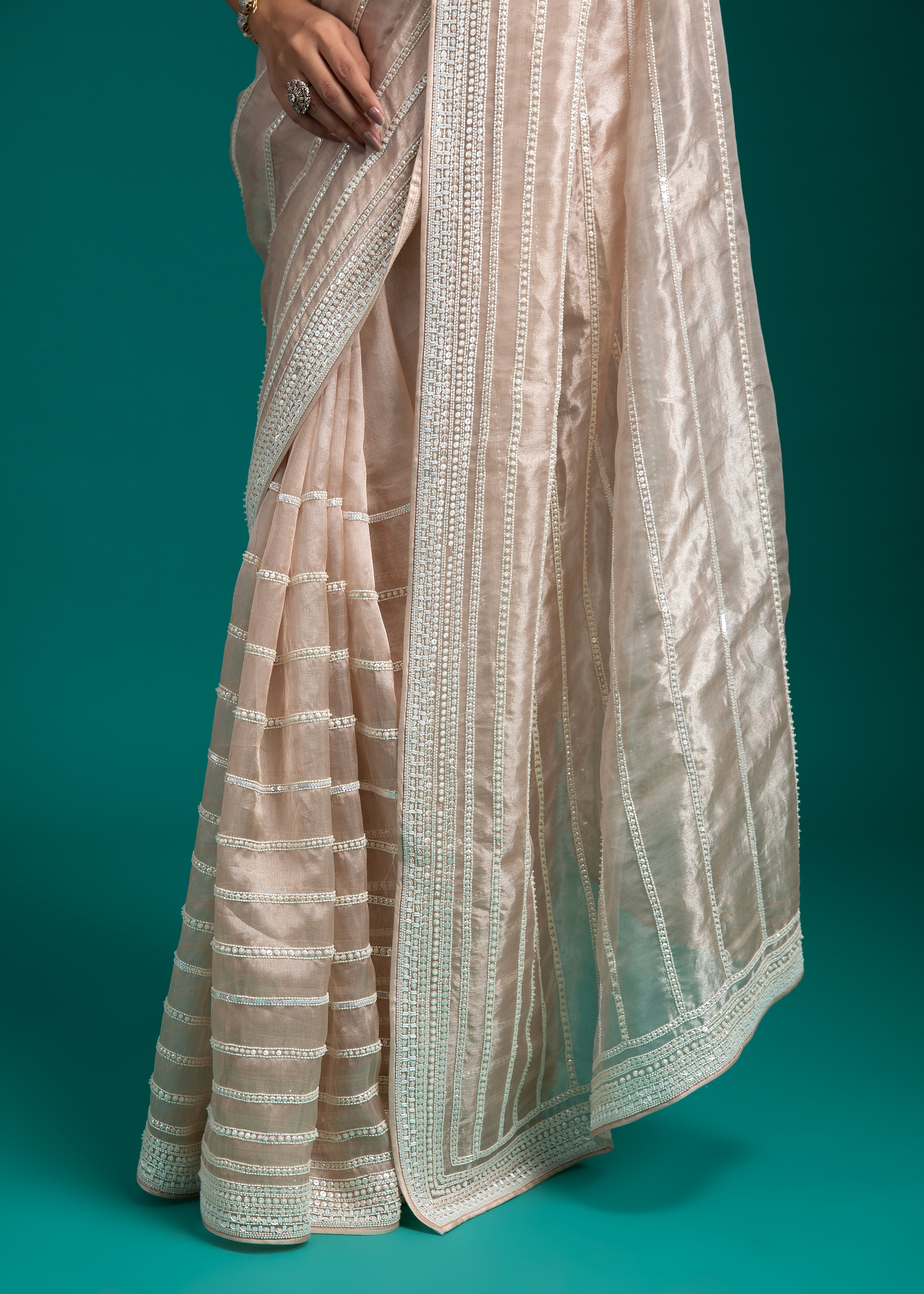 Ivory Striped Organza Saree - Mokshaa