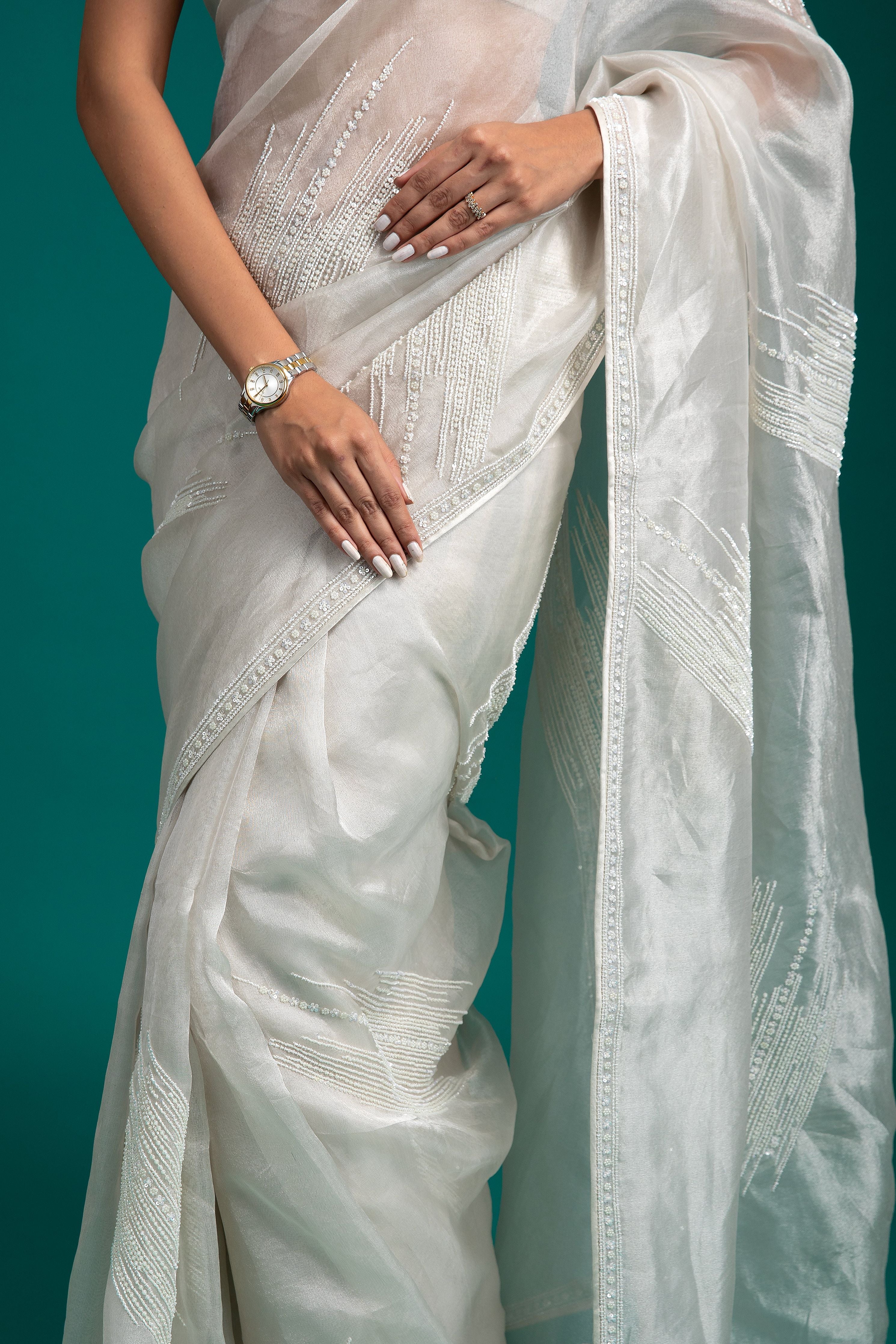 White Organza Tissue Saree - Mokshaa