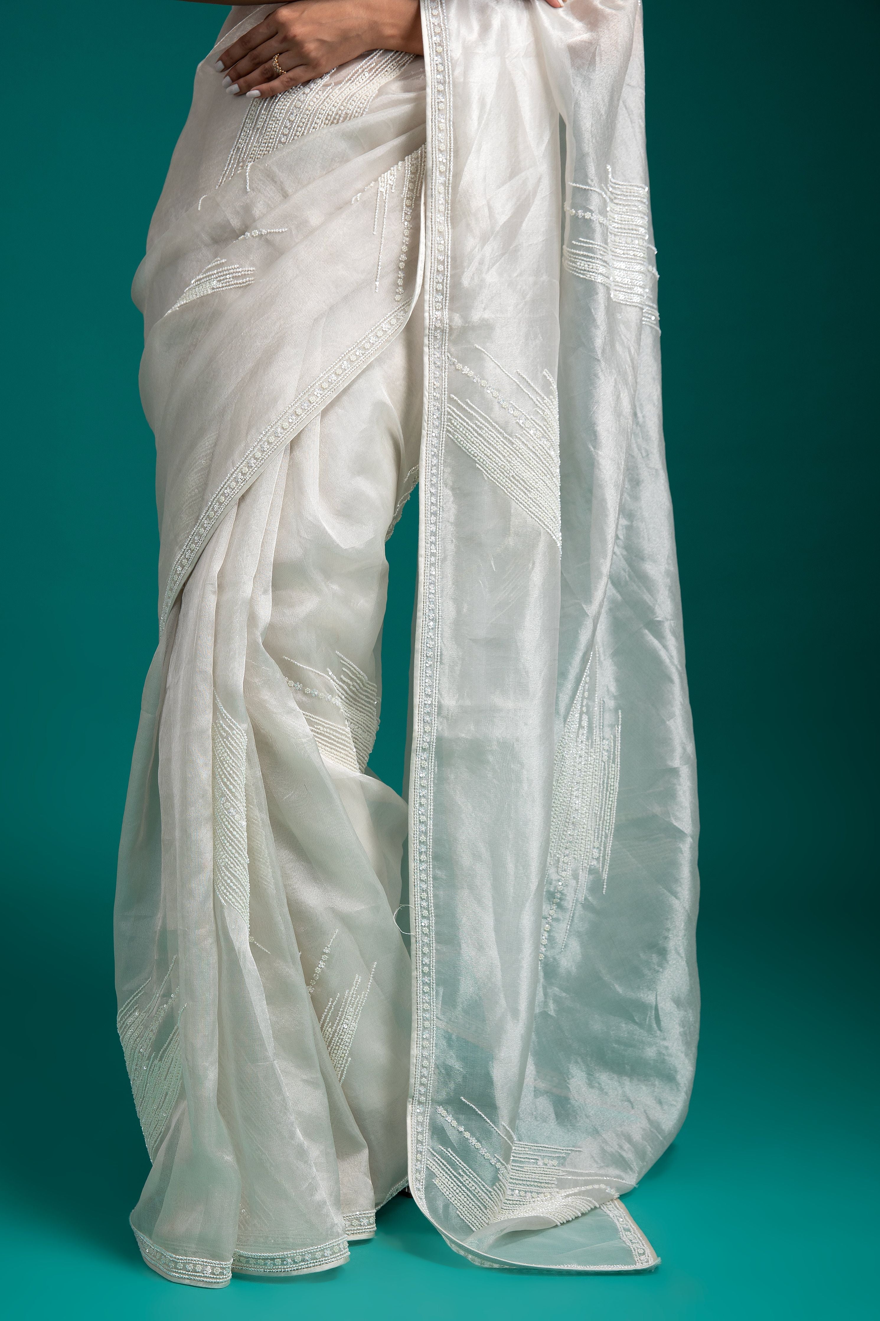 White Organza Tissue Saree - Mokshaa