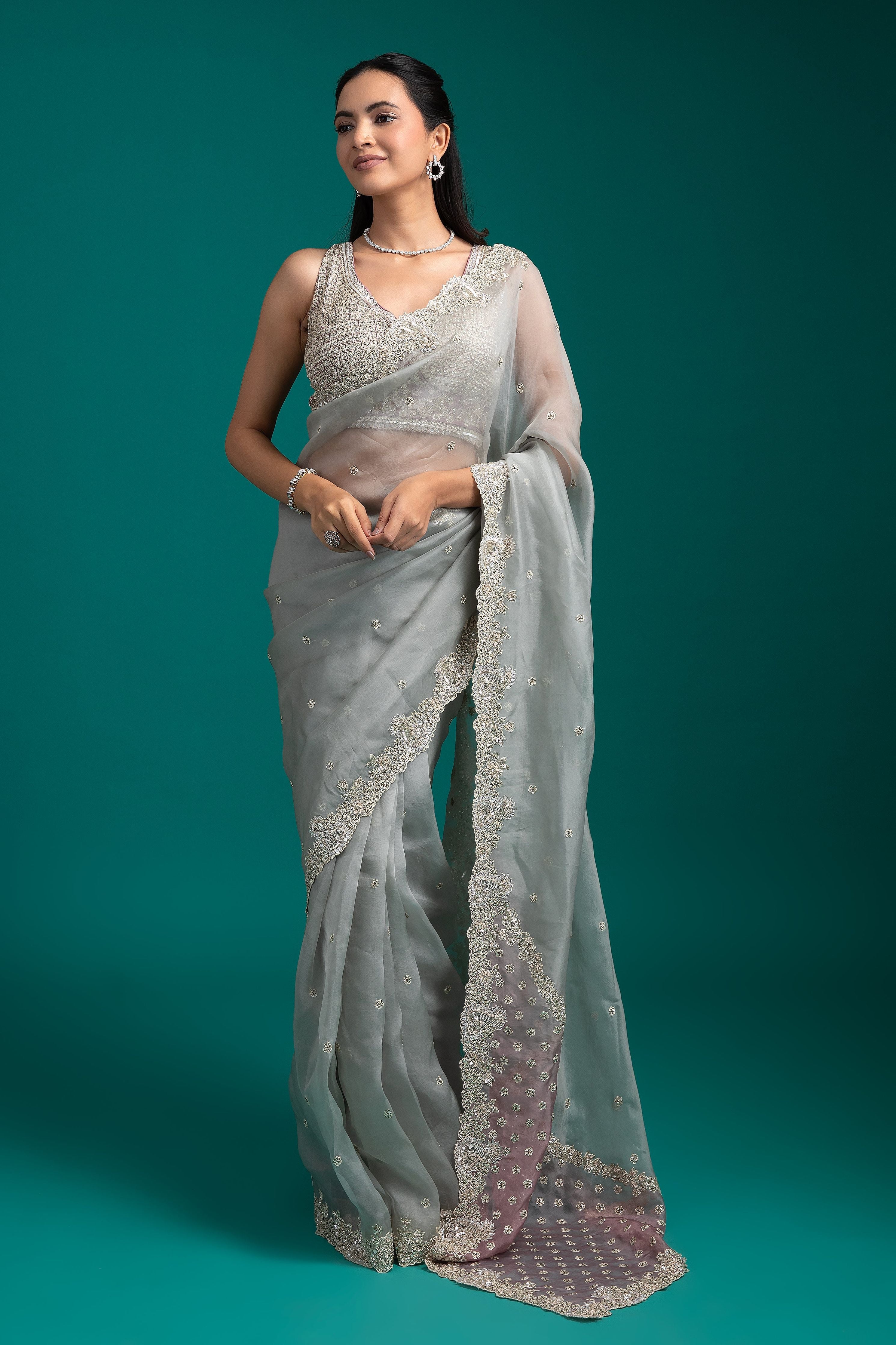 Soft Grey Organza Saree - Mokshaa