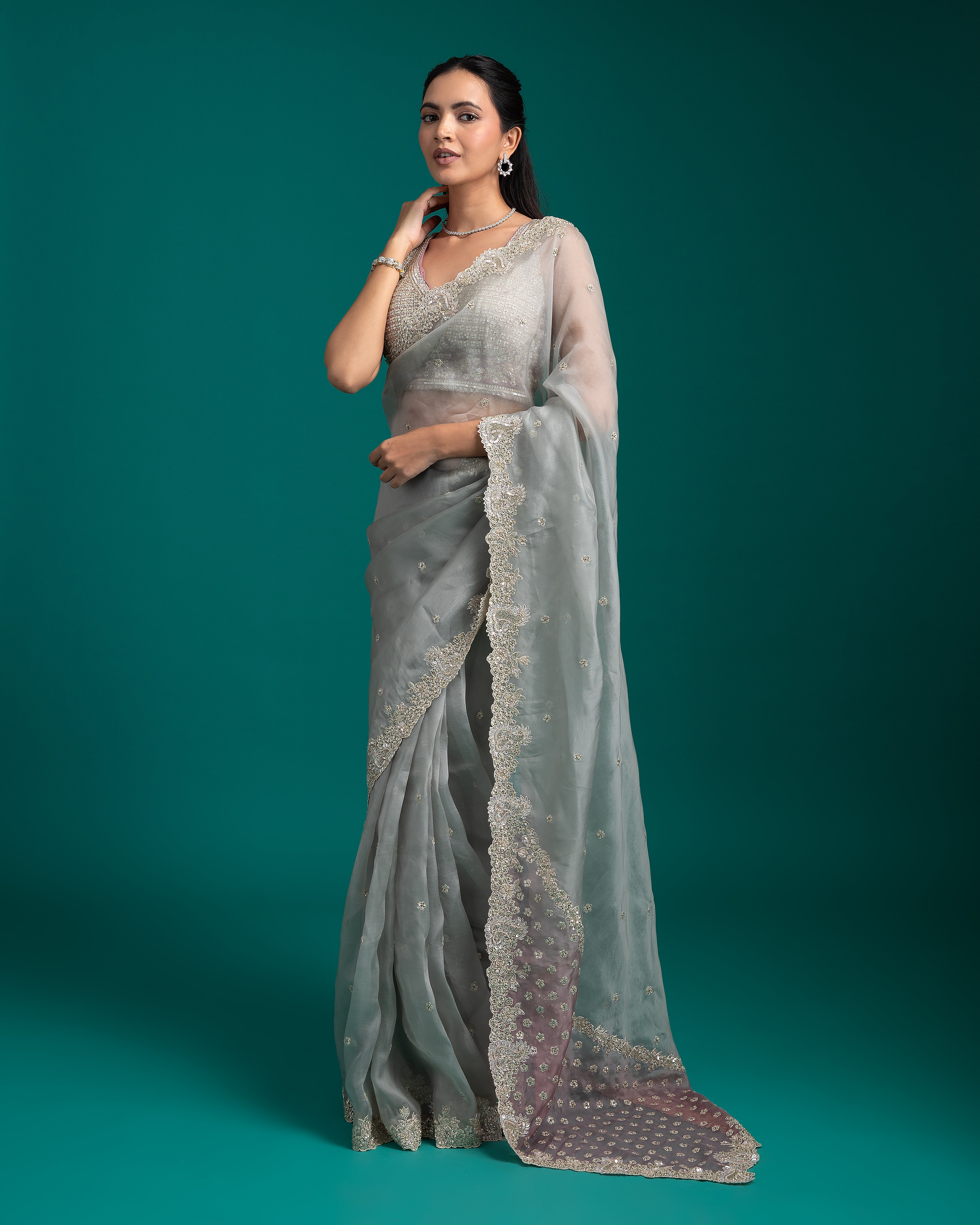 Soft Grey Organza Saree - Mokshaa