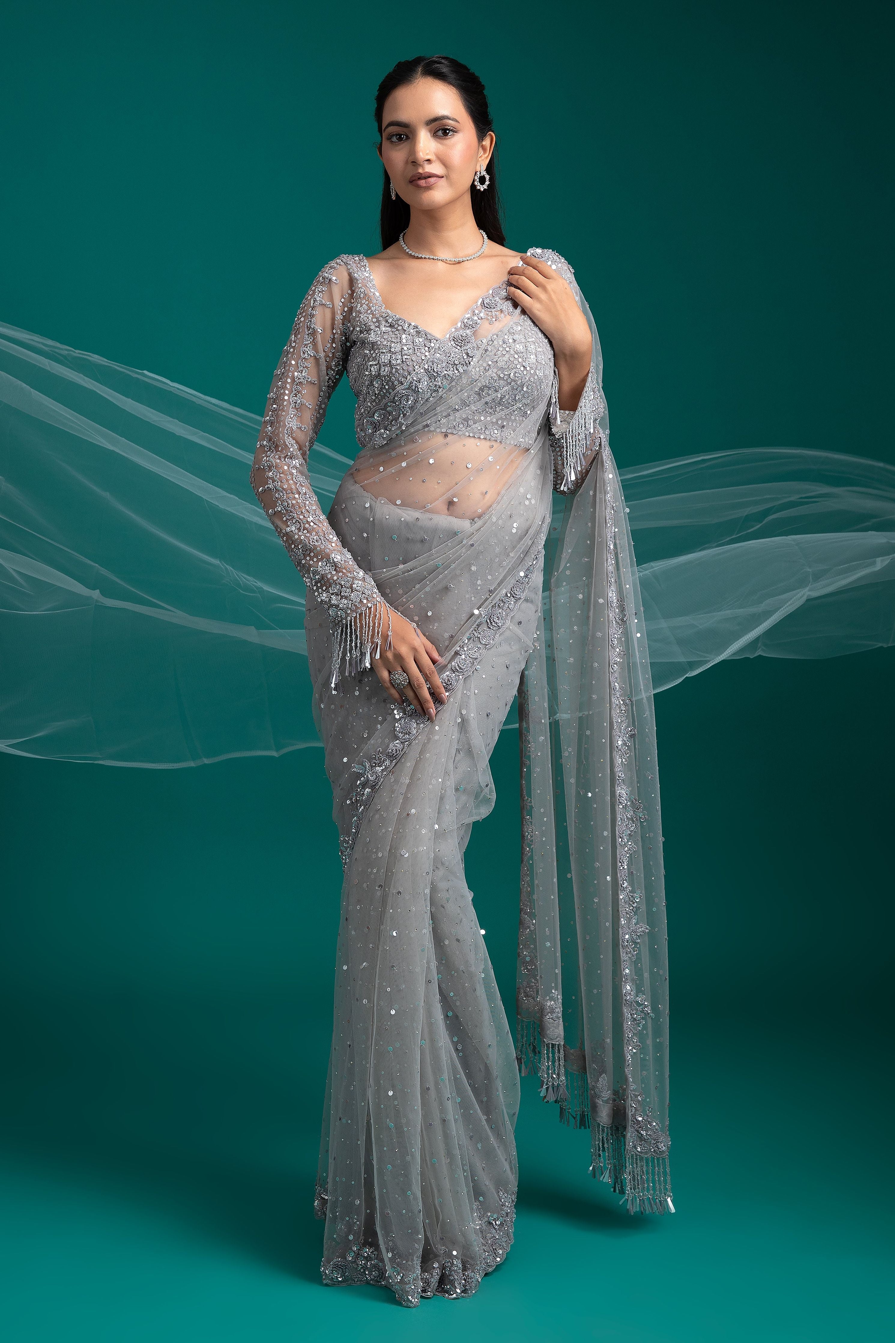 Silver Grey Sequined Net Saree - Mokshaa