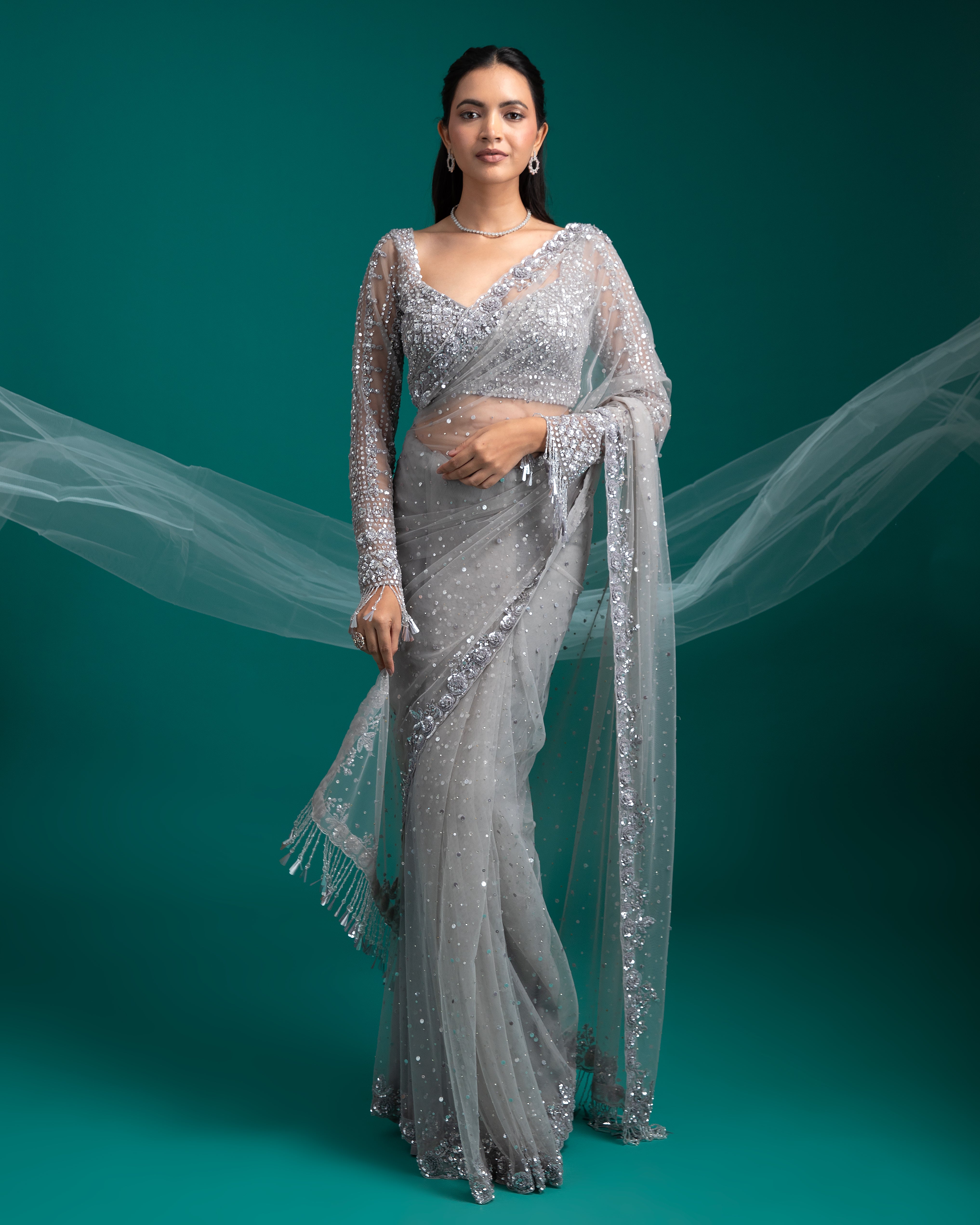 Silver Grey Sequined Net Saree - Mokshaa