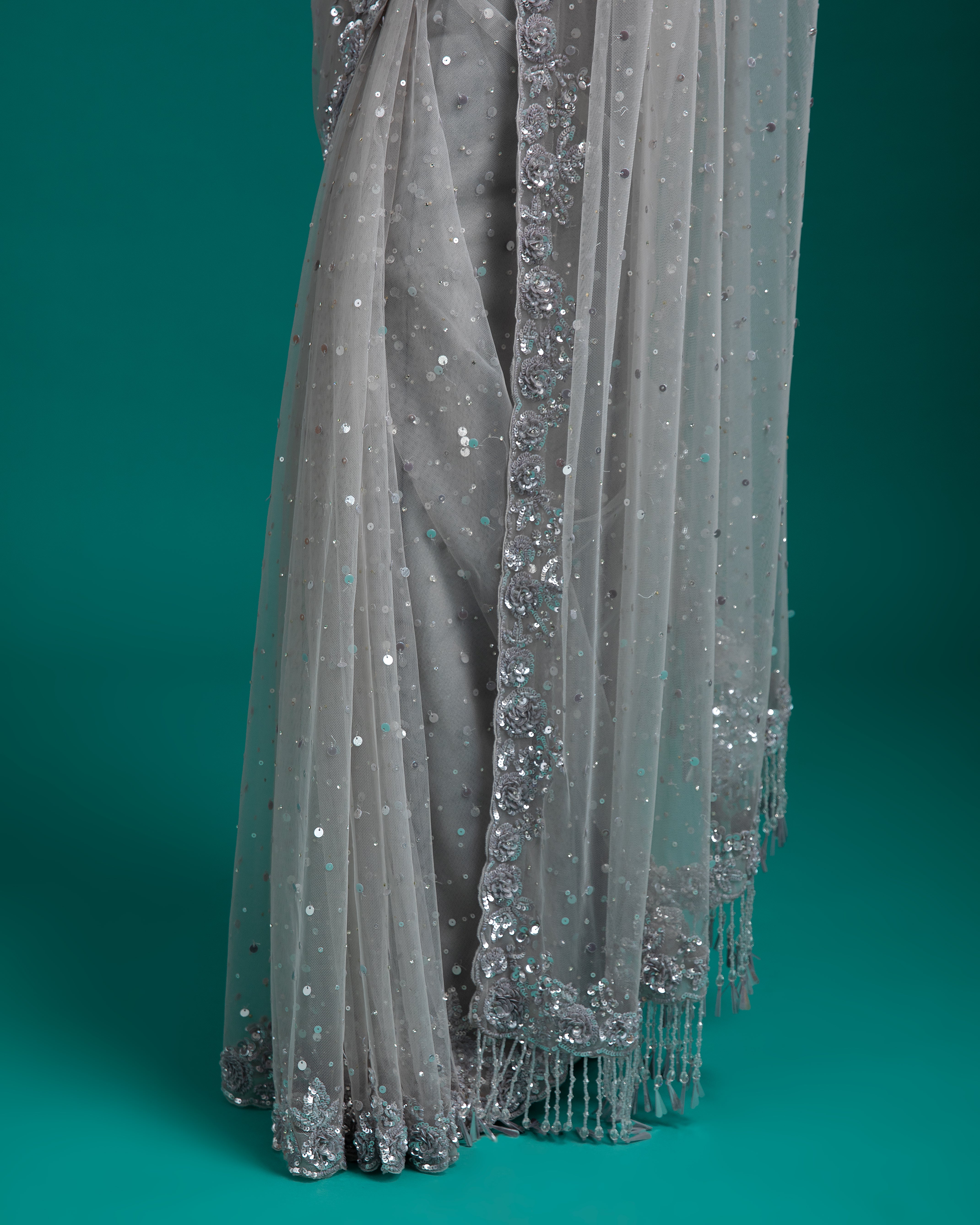 Silver Grey Sequined Net Saree - Mokshaa