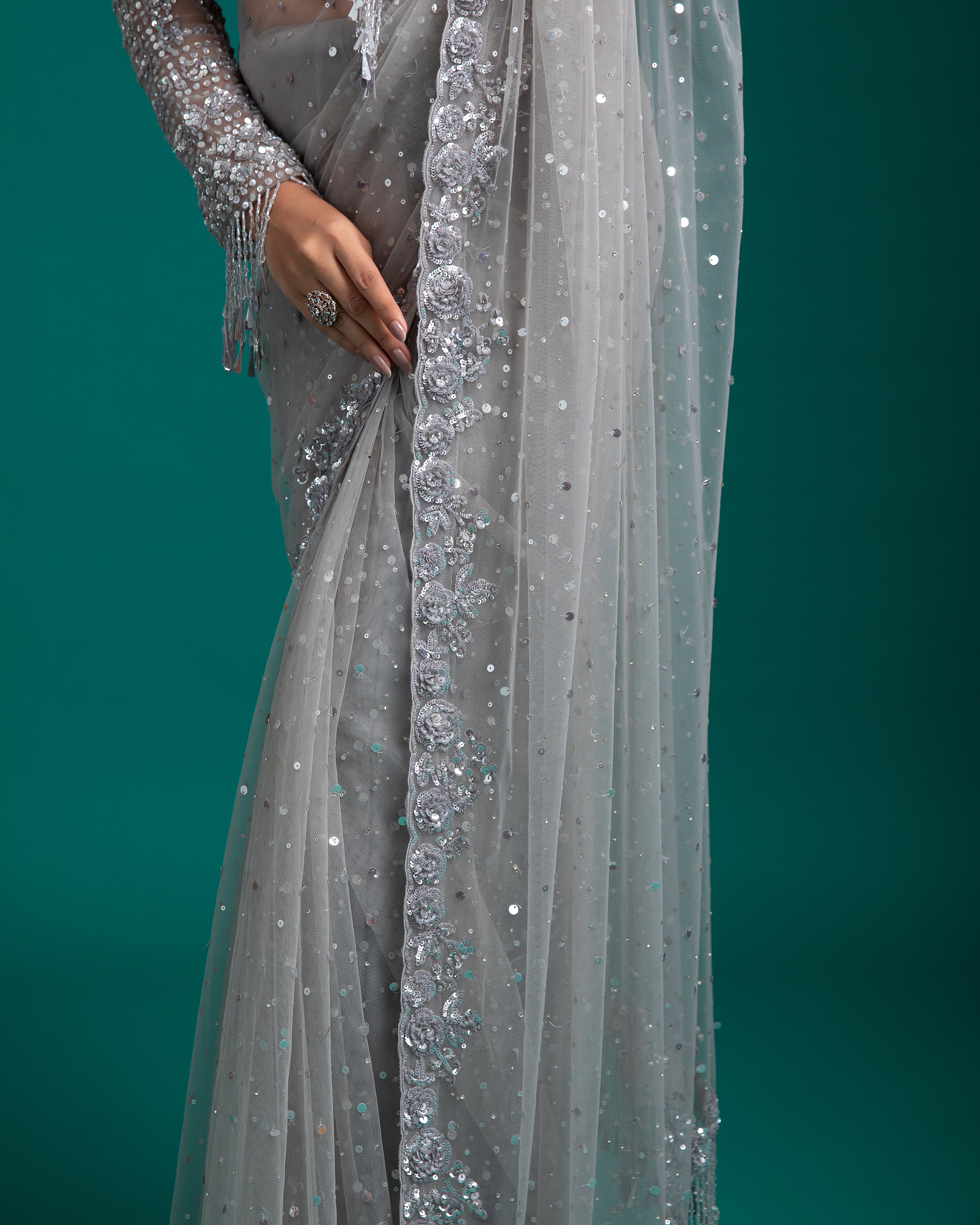 Silver Grey Sequined Net Saree - Mokshaa