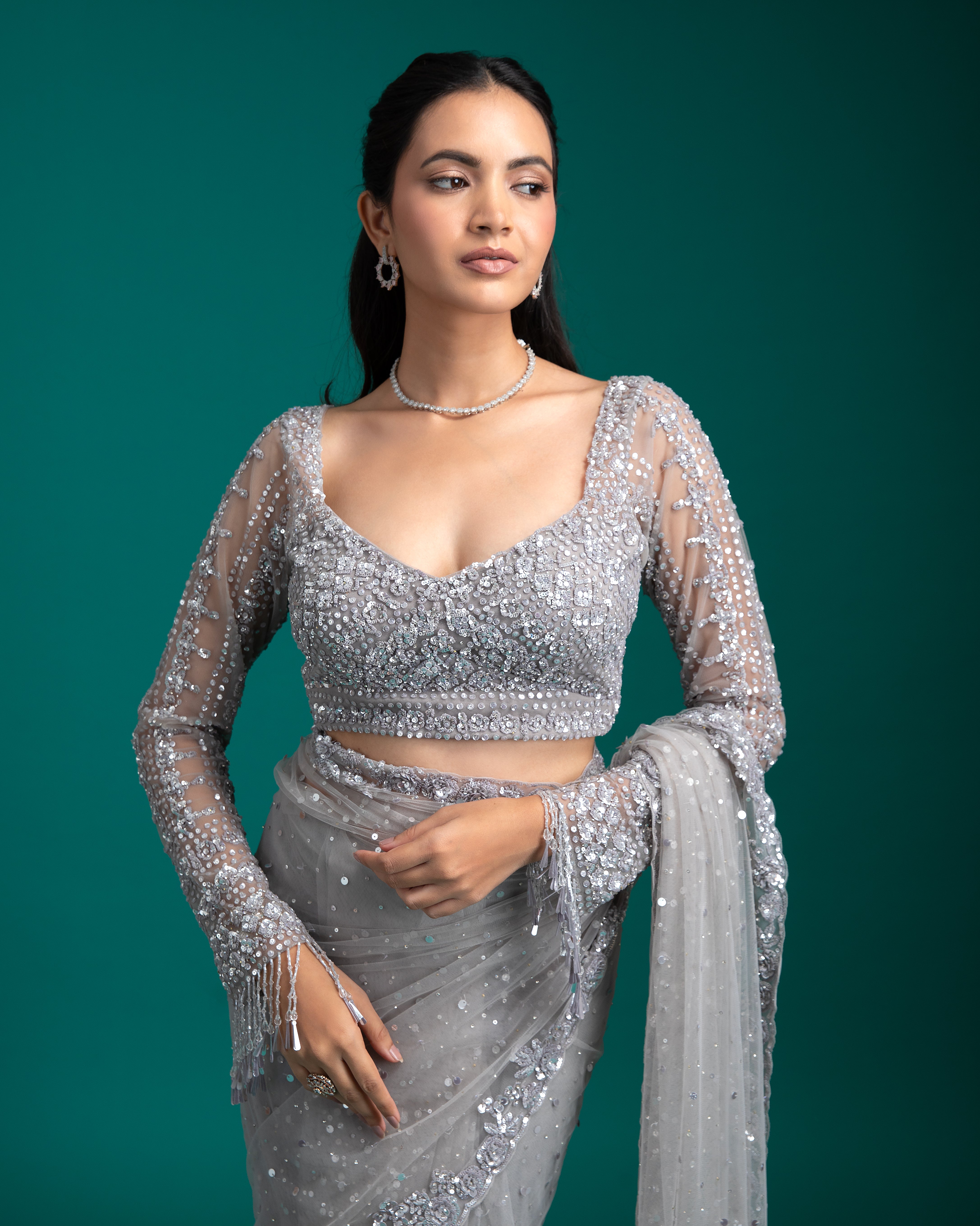 Silver Grey Sequined Net Saree - Mokshaa